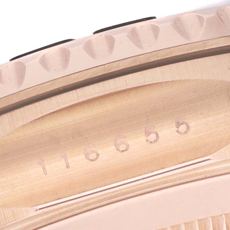 The image shows a close-up of the case side, bezel edge, and model number (116655) of the Rolex Yacht-Master 116655 Men's Rose Gold Black Dial 116655 Men's Rose Gold Black Dial watch.