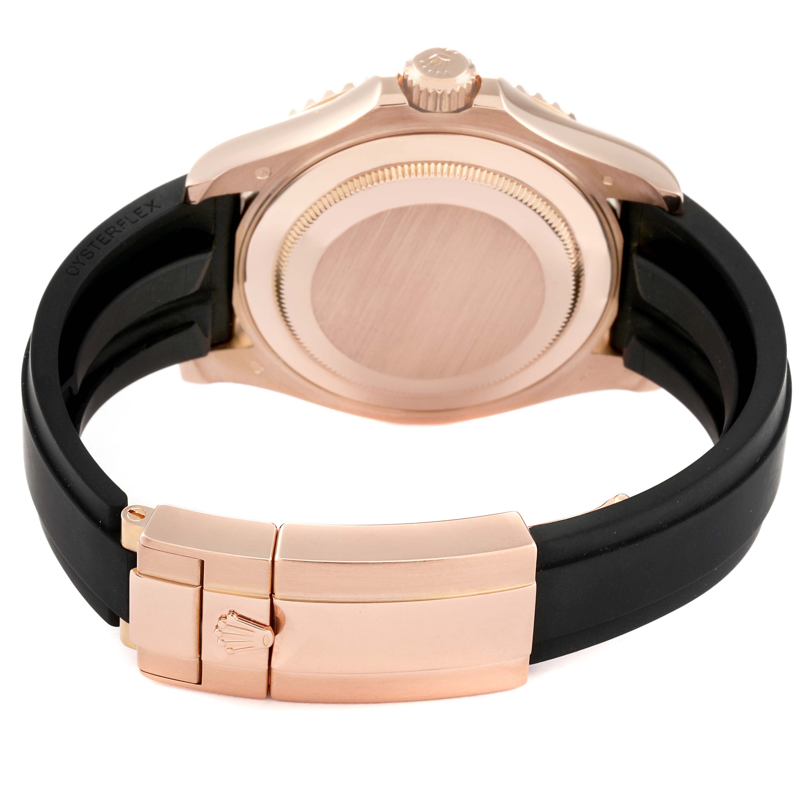 The image shows the back of the Rolex Yacht-Master 116655 Men's Rose Gold Black Dial 116655 Men's Rose Gold Black Dial watch, highlighting the case, crown, strap, and clasp.