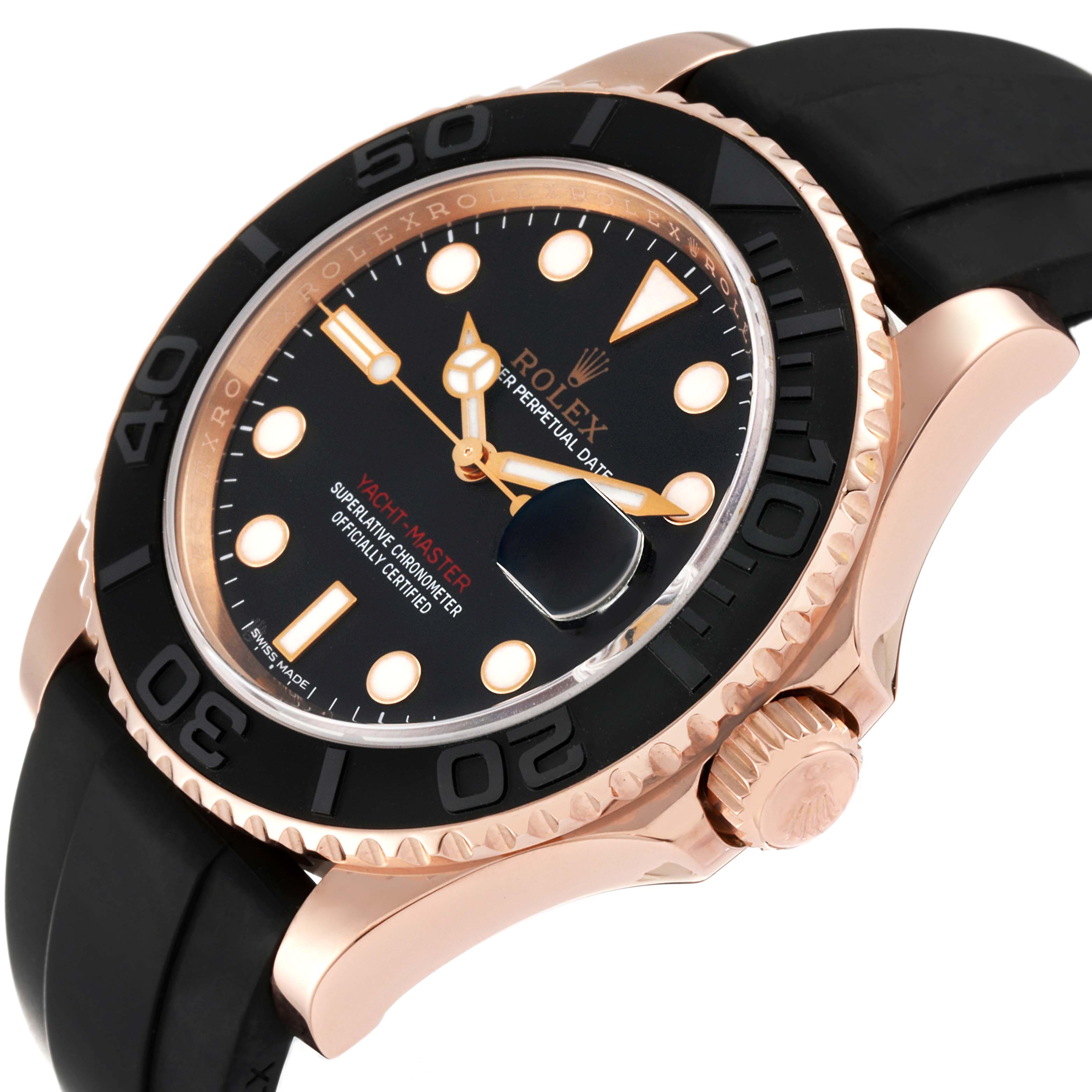 This image shows a Rolex Yacht-Master 116655 Men's Rose Gold Black Dial 116655 Men's Rose Gold Black Dial watch from an angled side view, highlighting the crown, bezel, and part of the strap.