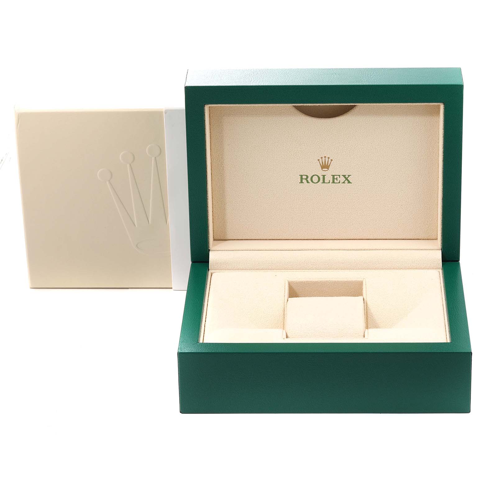 The image shows an open Rolex Yacht-Master 116655 Men's Rose Gold Black Dial 116655 Men's Rose Gold Black Dial watch box, featuring green and beige colors with the Rolex logo inside.