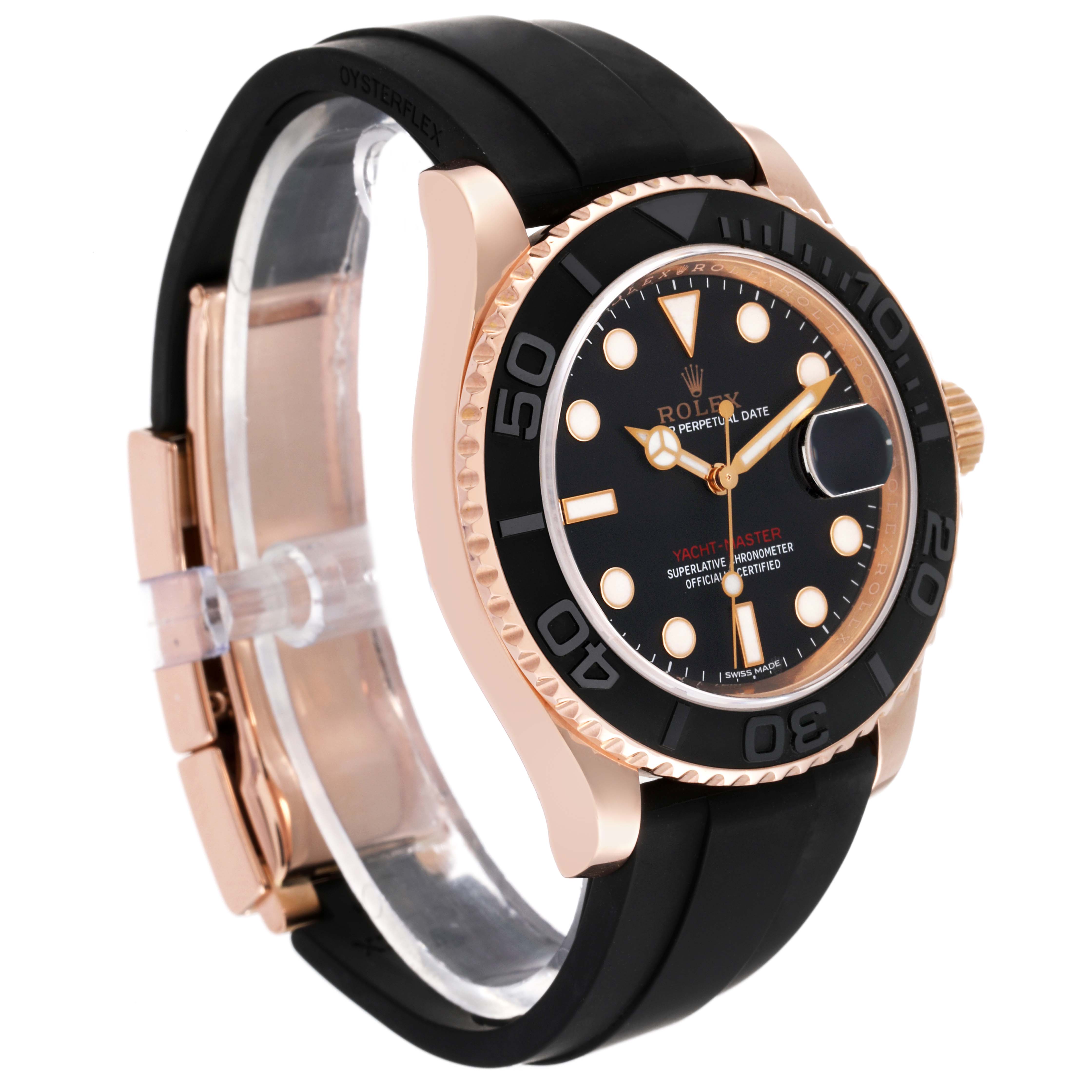 The image shows a side angle of a Rolex Yacht-Master 116655 Men's Rose Gold Black Dial 116655 Men's Rose Gold Black Dial watch, highlighting the bezel, dial, and part of the strap.