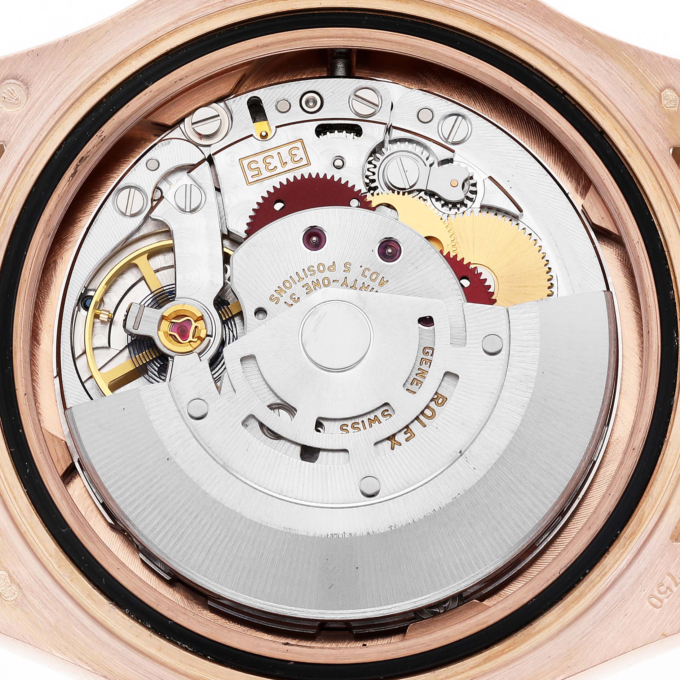 This is an open back view of the movement inside the Rolex Yacht-Master 116655 Men's Rose Gold Black Dial 116655 Men's Rose Gold Black Dial watch, showing the intricate gears and components.