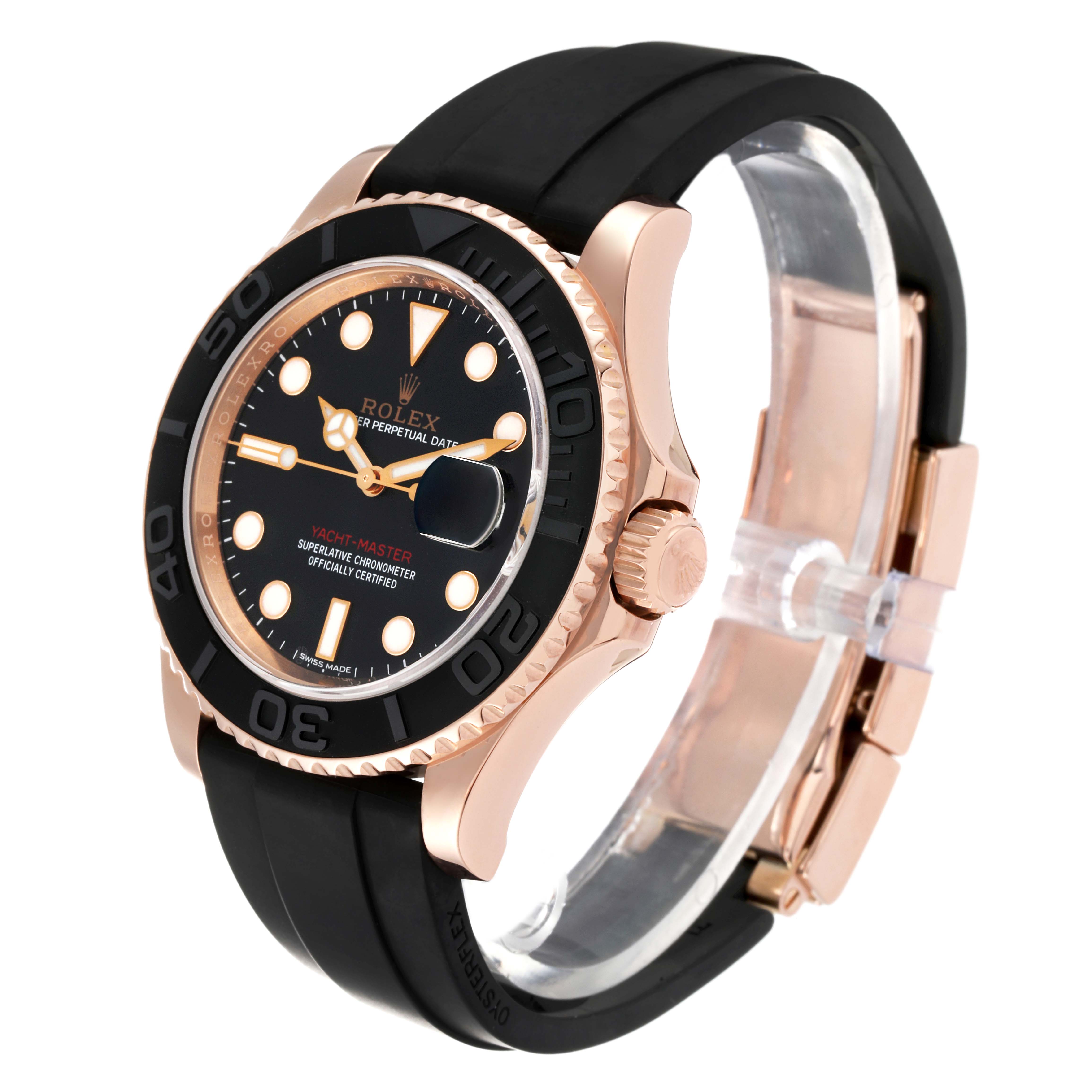 This image shows a Rolex Yacht-Master 116655 Men's Rose Gold Black Dial 116655 Men's Rose Gold Black Dial watch at an angle, highlighting the dial, bezel, crown, and strap.