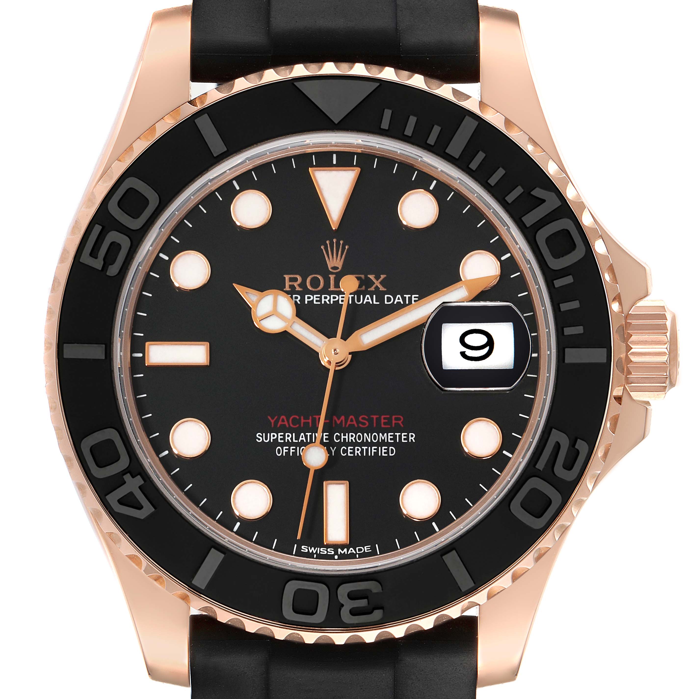 This image shows a frontal view of the Rolex Yacht-Master 116655 Men's Rose Gold Black Dial 116655 Men's Rose Gold Black Dial watch featuring the dial, bezel, hands, and date display.