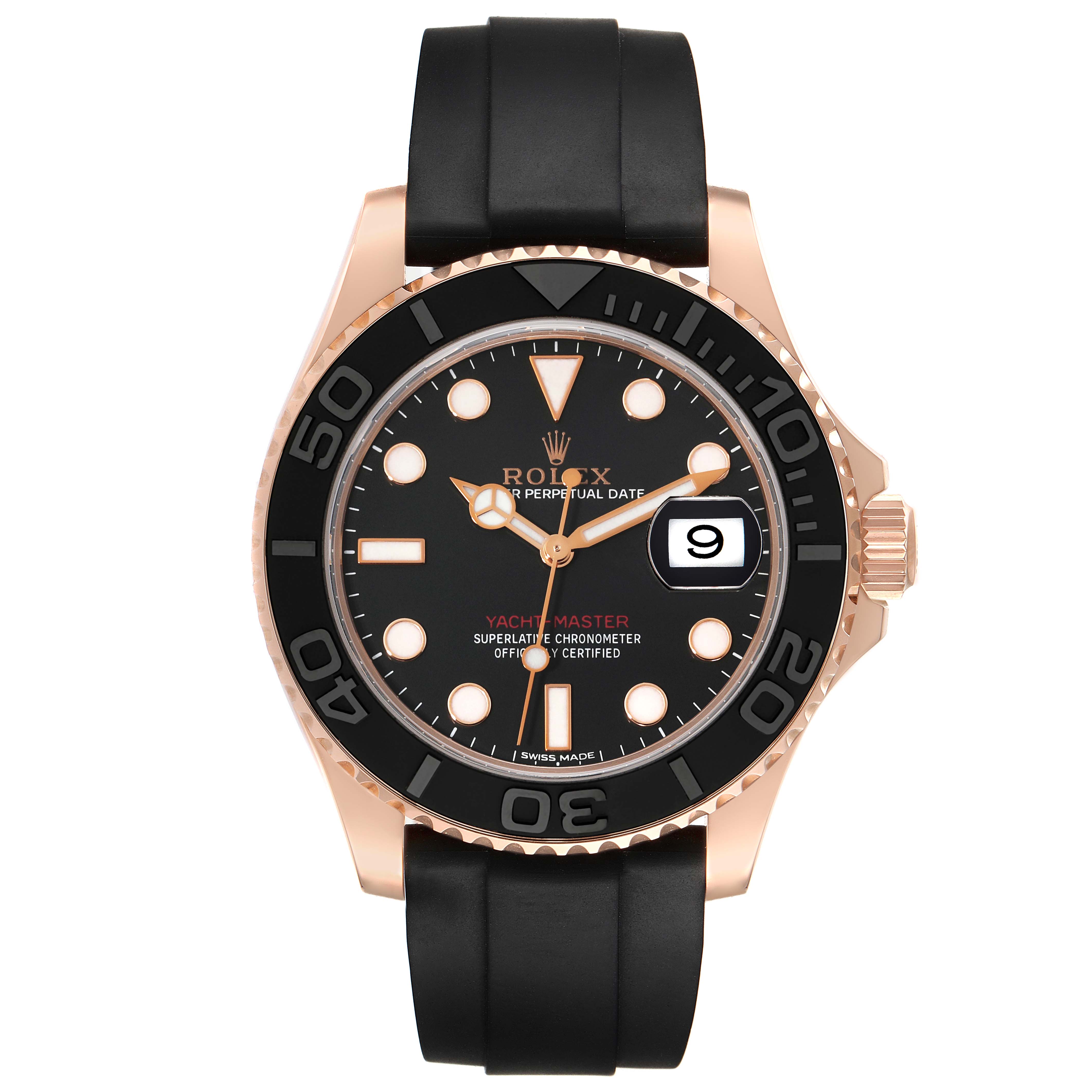 The image shows a front view of the Rolex Yacht-Master 116655 Men's Rose Gold Black Dial 116655 Men's Rose Gold Black Dial watch with a black bezel and strap.