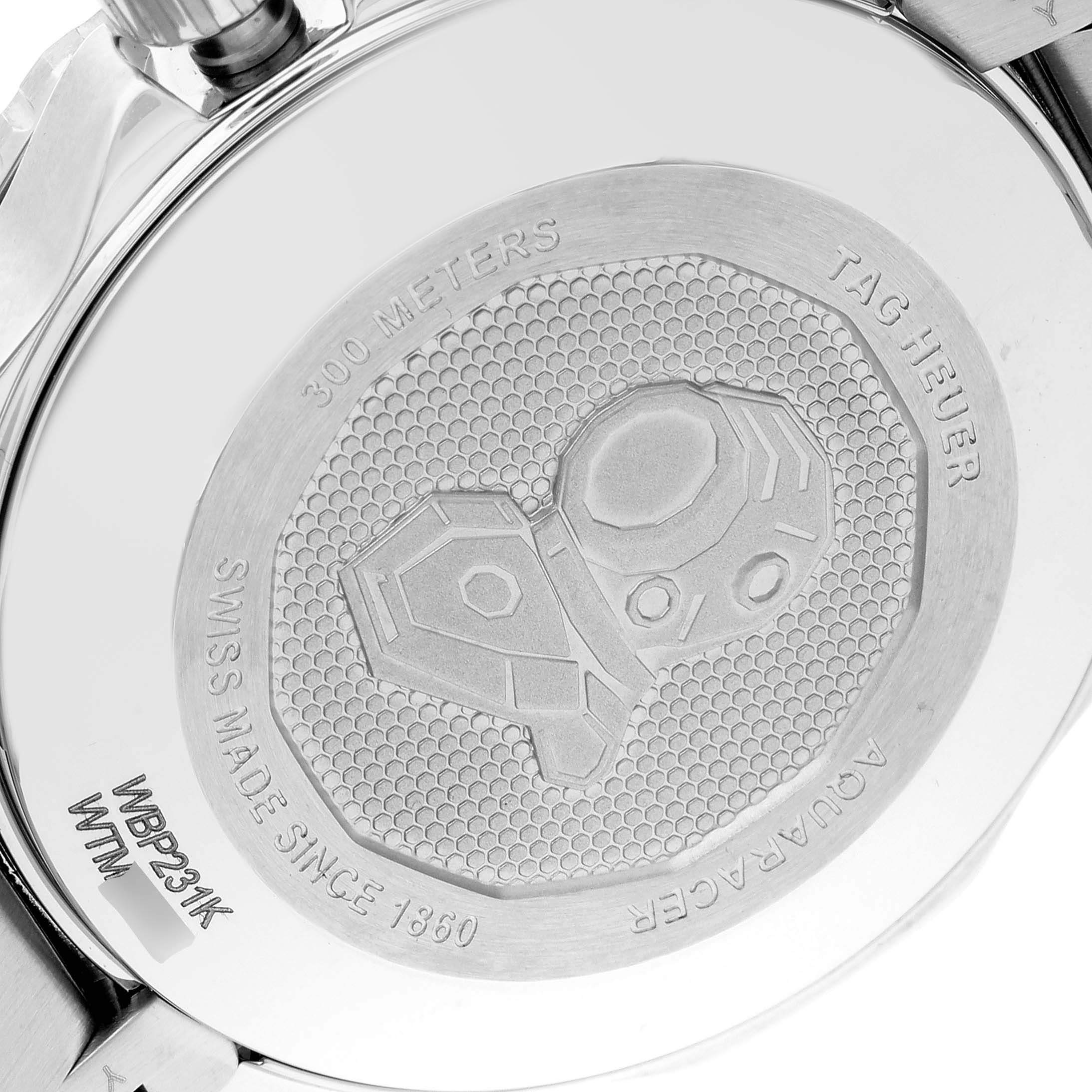 The image shows the back case of the Tag Heuer Aquaracer WBP231K.BA0618 Women
s Stainless Steel Green Dial WBP231K.BA0618 Women
s Stainless Steel Green Dial watch, displaying its engraved design and specifications.