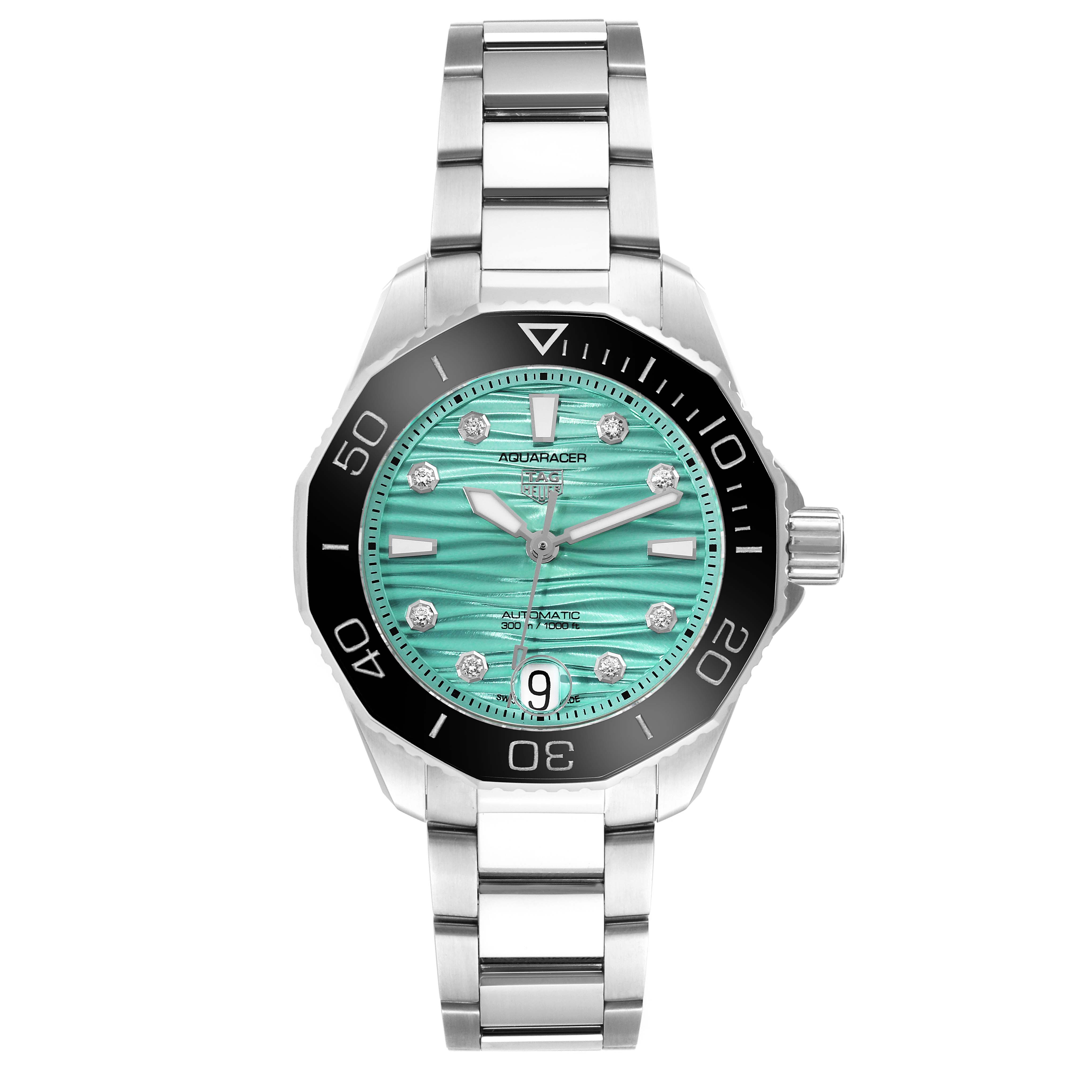 The image shows a front view of a Tag Heuer Aquaracer WBP231K.BA0618 Women
s Stainless Steel Green Dial WBP231K.BA0618 Women
s Stainless Steel Green Dial watch featuring a turquoise dial and silver bracelet.