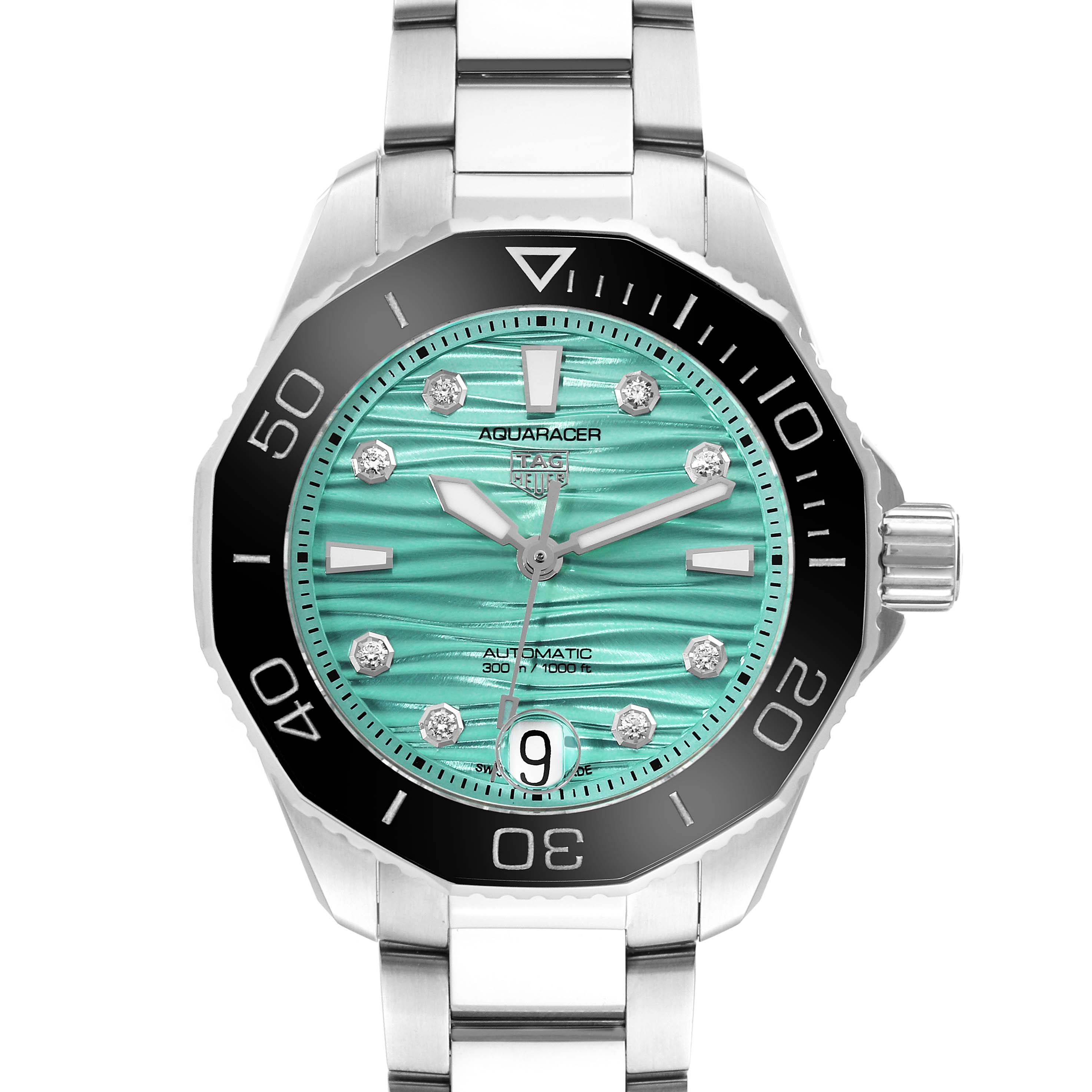 This image shows a Tag Heuer Aquaracer WBP231K.BA0618 Women
s Stainless Steel Green Dial WBP231K.BA0618 Women
s Stainless Steel Green Dial watch viewed from the front, highlighting its dial, bezel, and stainless steel bracelet.