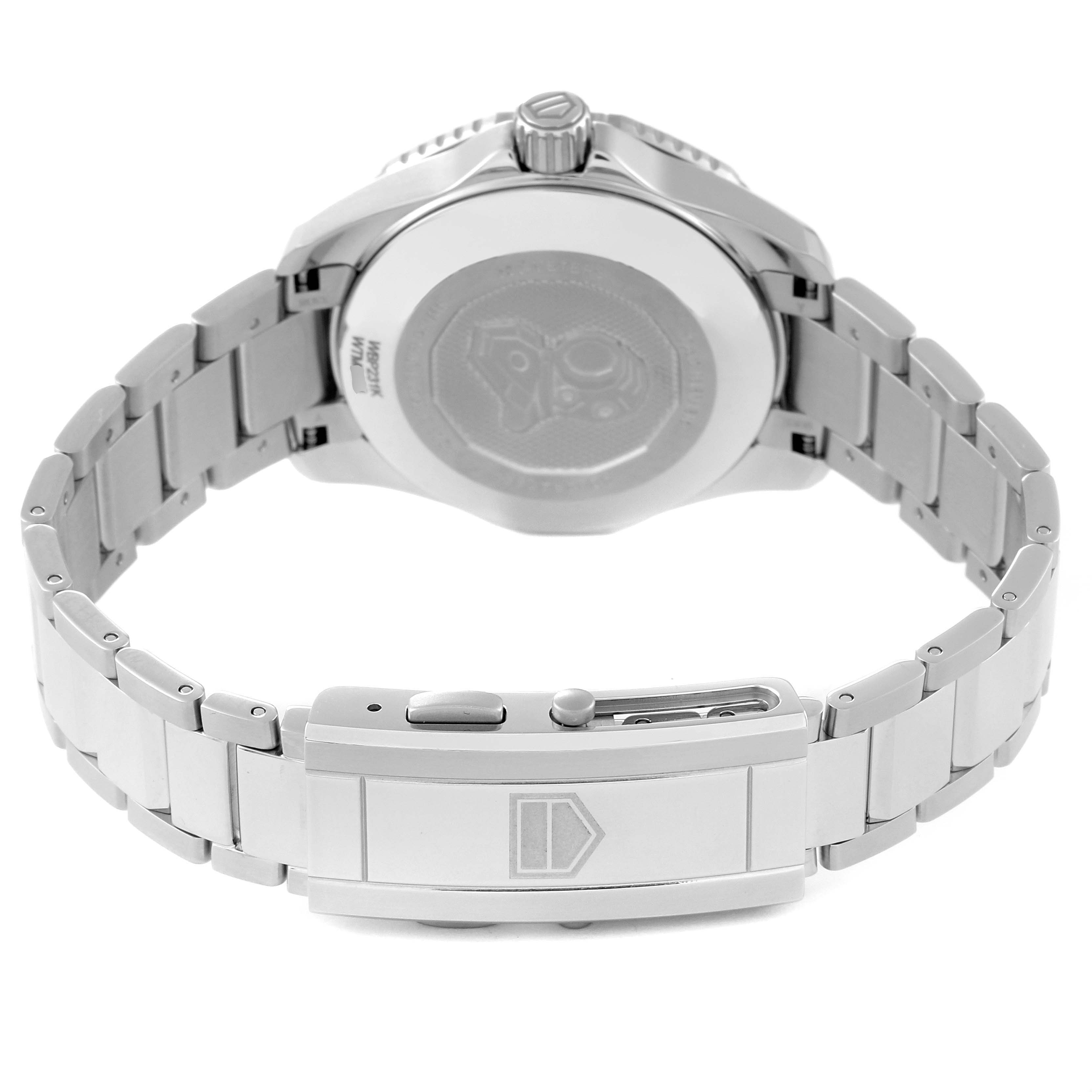 This image shows the back view of the Tag Heuer Aquaracer WBP231K.BA0618 Women
s Stainless Steel Green Dial WBP231K.BA0618 Women
s Stainless Steel Green Dial watch, highlighting its case back and bracelet clasp.