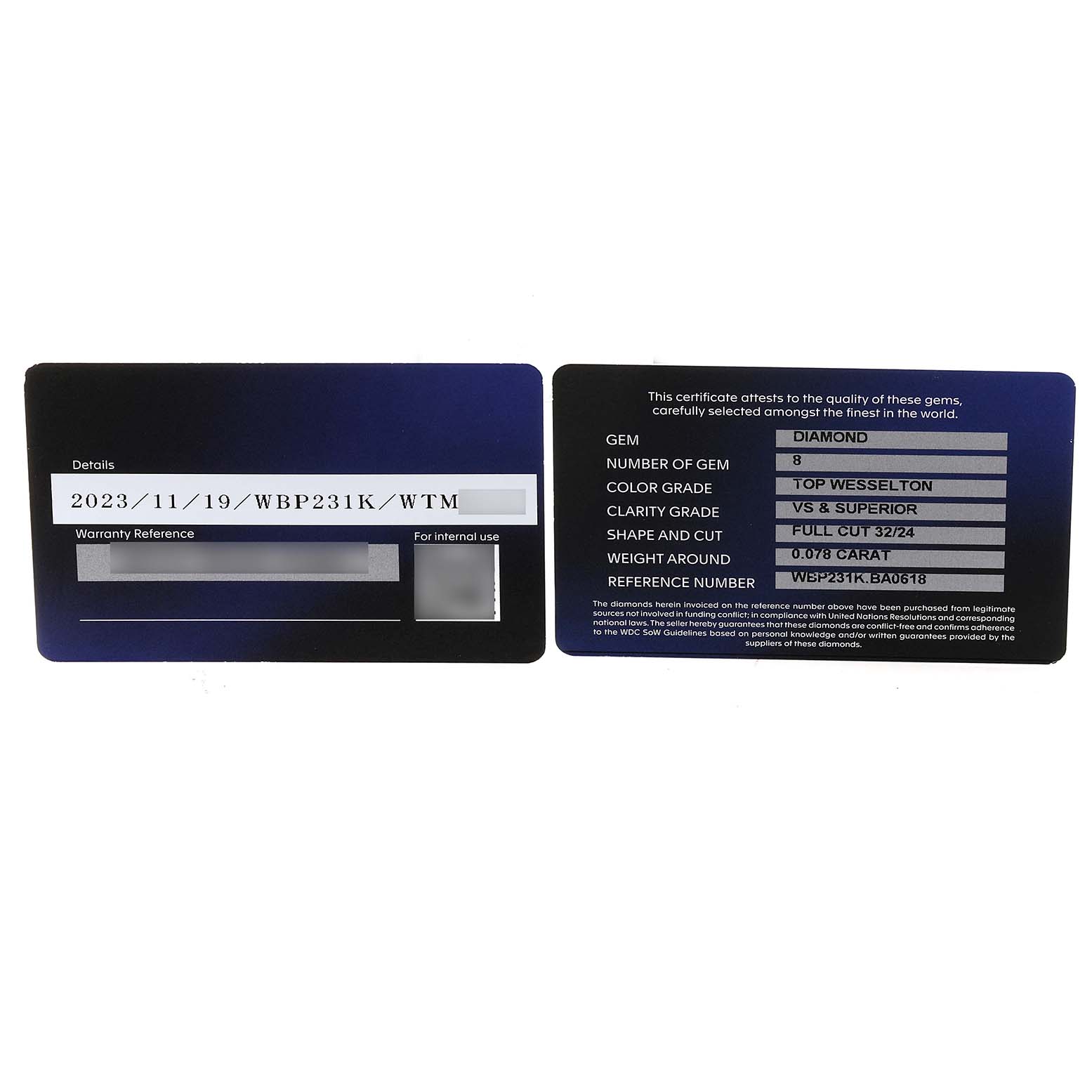 The image shows warranty cards for the Tag Heuer Aquaracer WBP231K.BA0618 Women
s Stainless Steel Green Dial WBP231K.BA0618 Women
s Stainless Steel Green Dial watch model, displaying details and gem quality information.