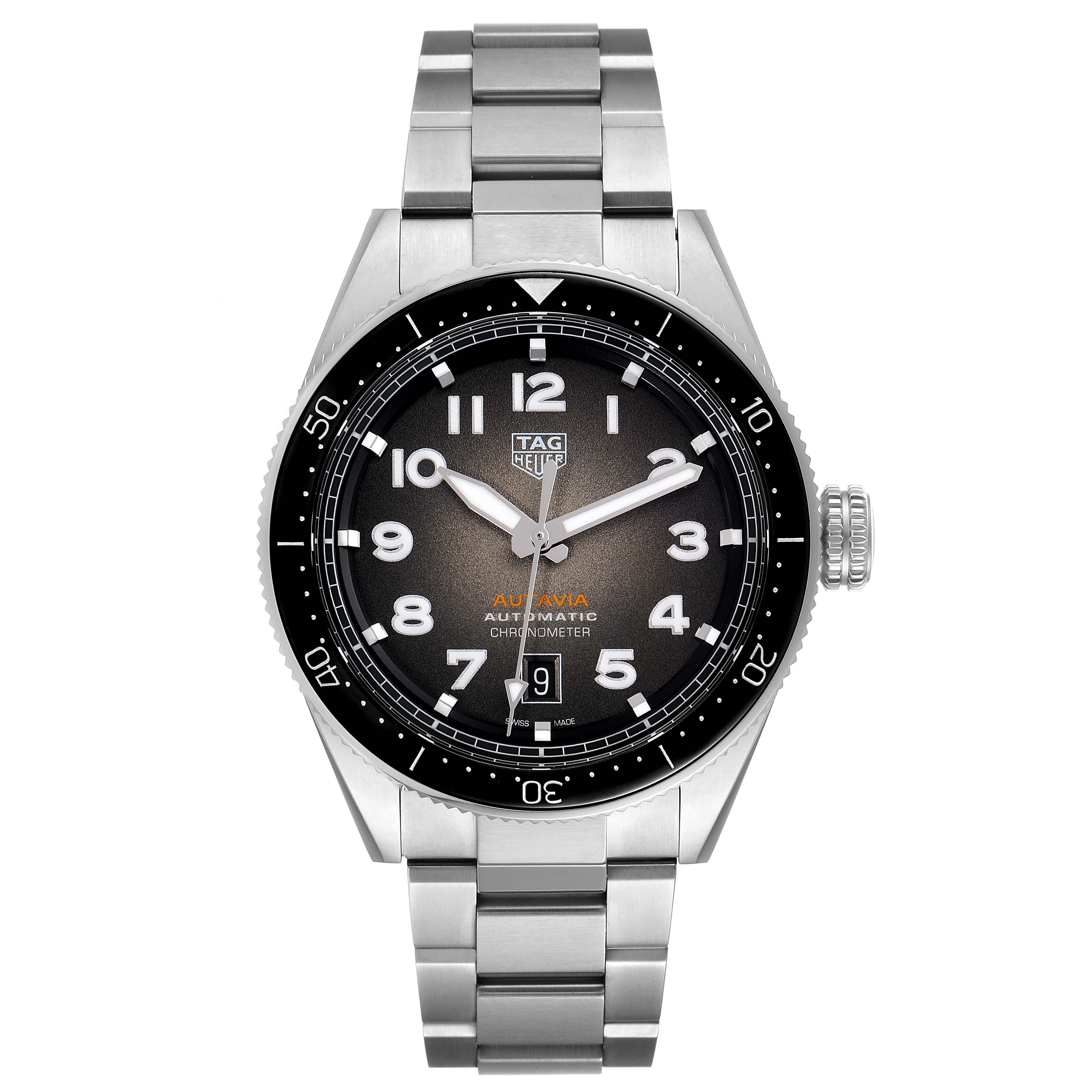 The image shows a front view of a Tag Heuer Autavia WBE5114.EB0173 Men's Stainless Steel Brown Dial WBE5114.EB0173 Men's Stainless Steel Brown Dial watch, displaying its face, bezel, and bracelet.