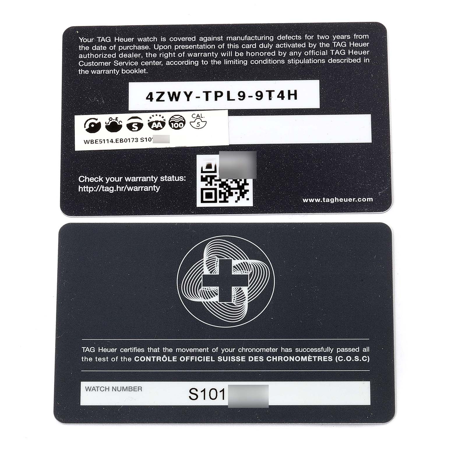 The image shows two warranty cards for the Tag Heuer Autavia WBE5114.EB0173 Men's Stainless Steel Brown Dial WBE5114.EB0173 Men's Stainless Steel Brown Dial model watch.