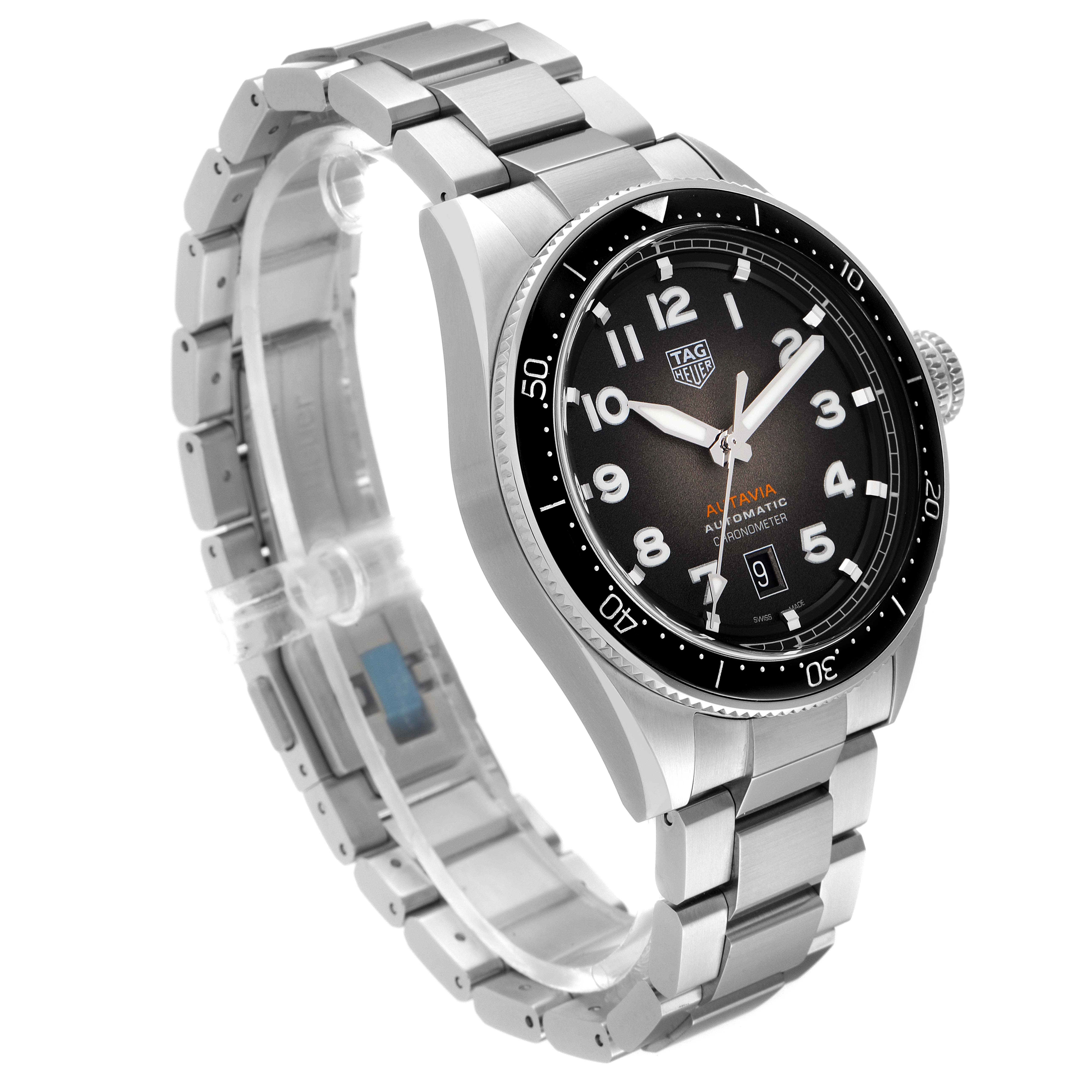 The image shows a Tag Heuer Autavia WBE5114.EB0173 Men's Stainless Steel Brown Dial WBE5114.EB0173 Men's Stainless Steel Brown Dial model watch at an angled side view, displaying the face, bezel, crown, and bracelet.