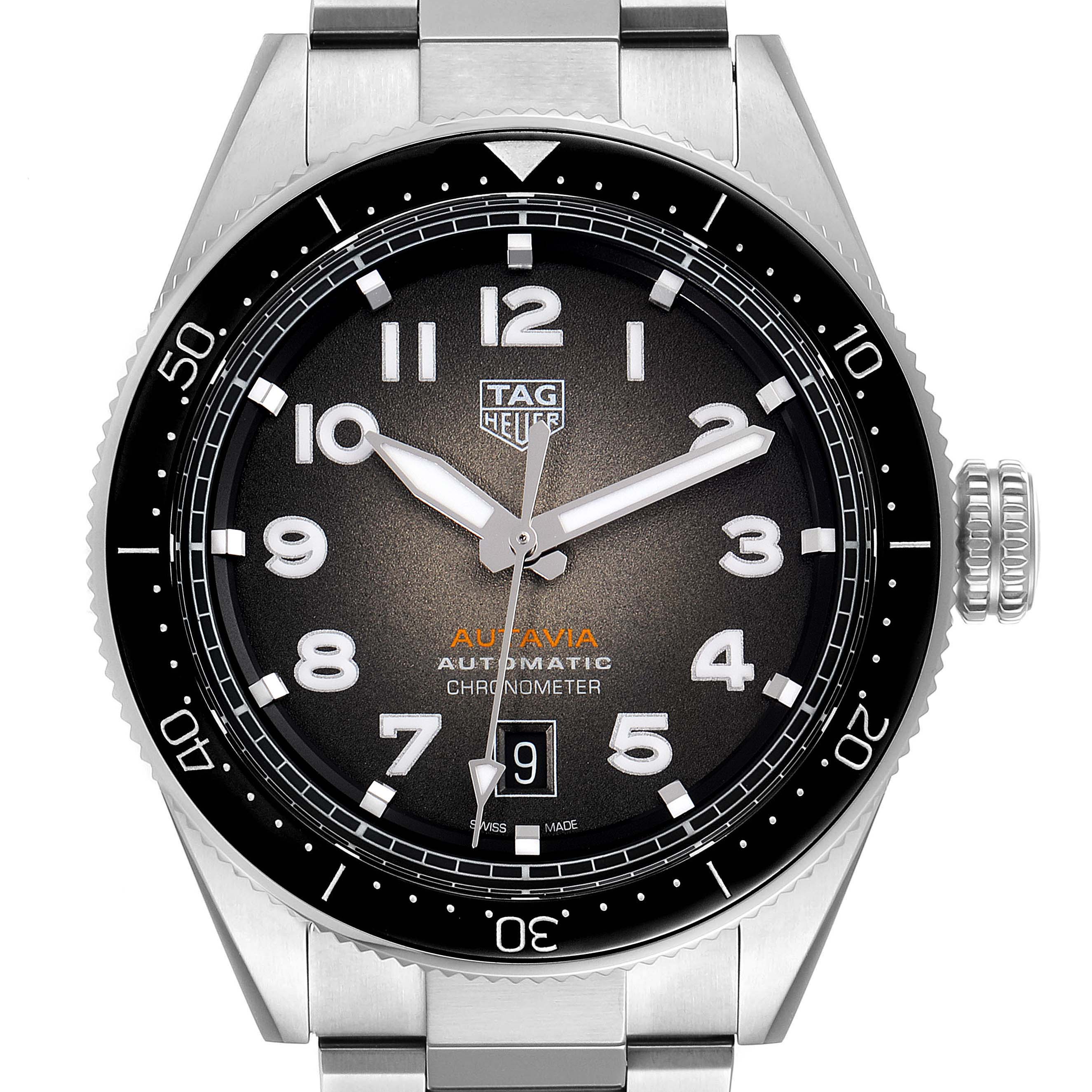 This image shows a front view of the Tag Heuer Autavia WBE5114.EB0173 Men's Stainless Steel Brown Dial WBE5114.EB0173 Men's Stainless Steel Brown Dial watch, highlighting the dial, bezel, hands, and part of the bracelet.