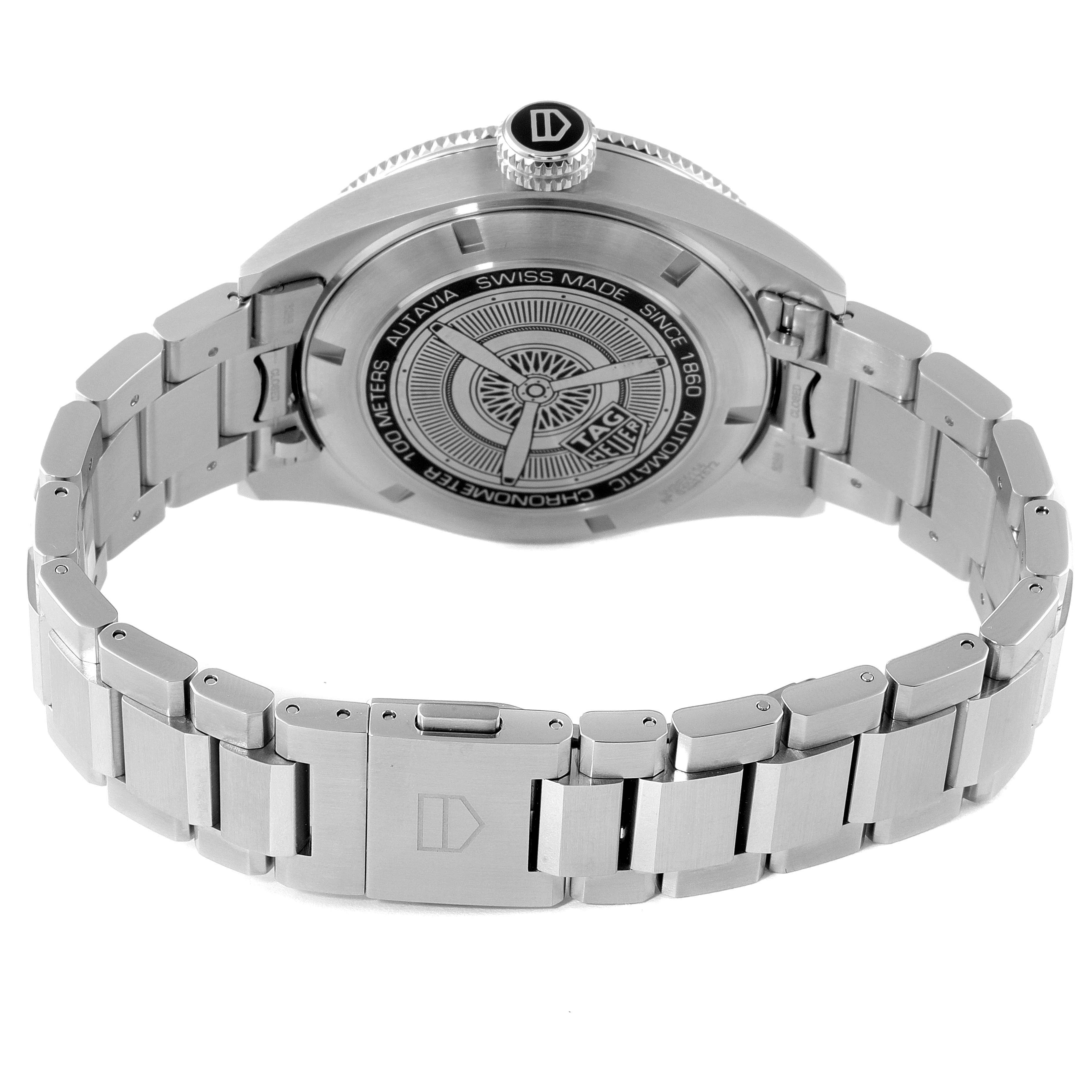 This image shows the back view of a Tag Heuer Autavia WBE5114.EB0173 Men's Stainless Steel Brown Dial WBE5114.EB0173 Men's Stainless Steel Brown Dial watch, highlighting its metal bracelet and case back details.