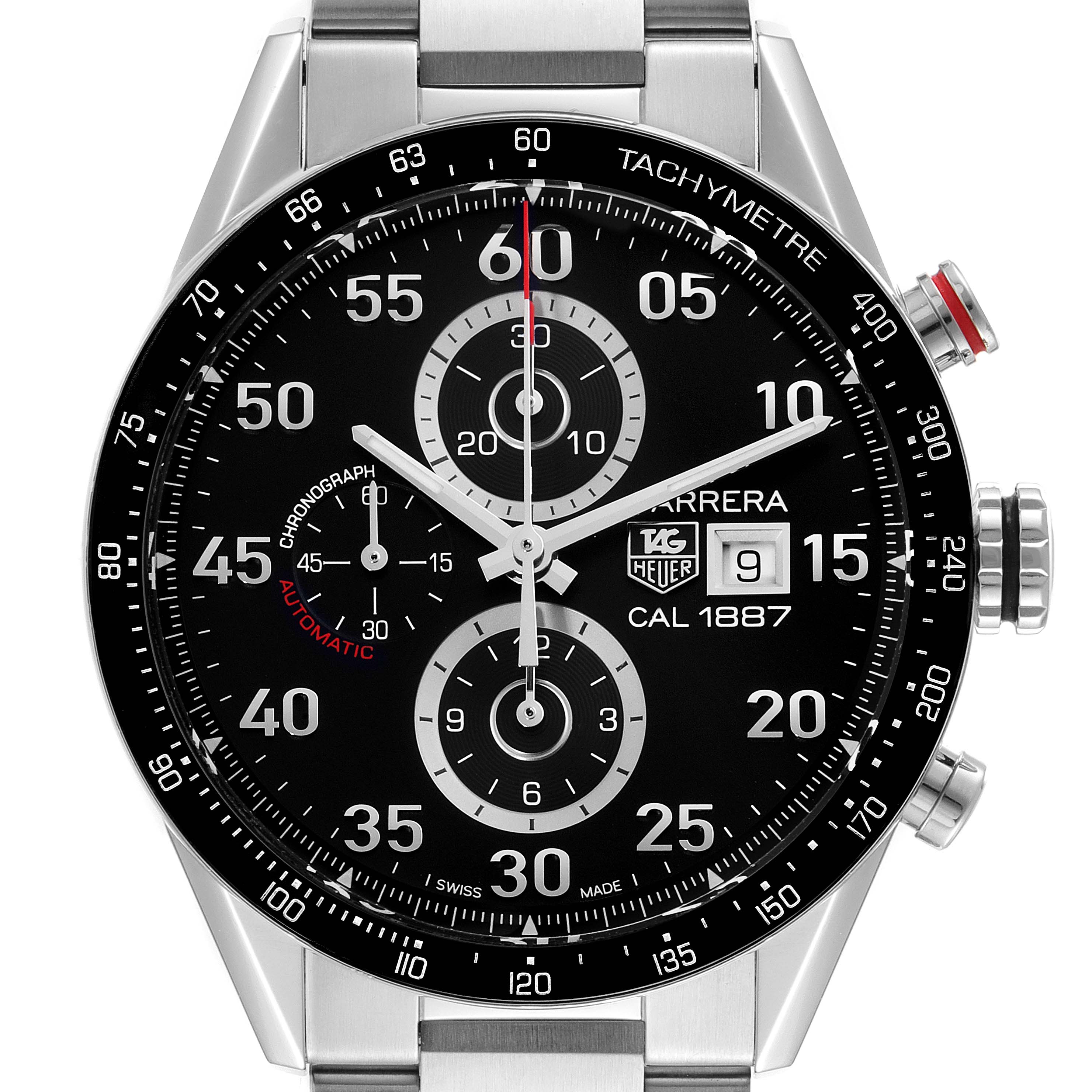 The image shows a close-up, front-facing view of the Tag Heuer Carrera CAR2A10.BA0799 Men
s Stainless Steel Black Dial CAR2A10.BA0799 Men
s Stainless Steel Black Dial chronograph watch, highlighting its dial and tachymeter bezel.