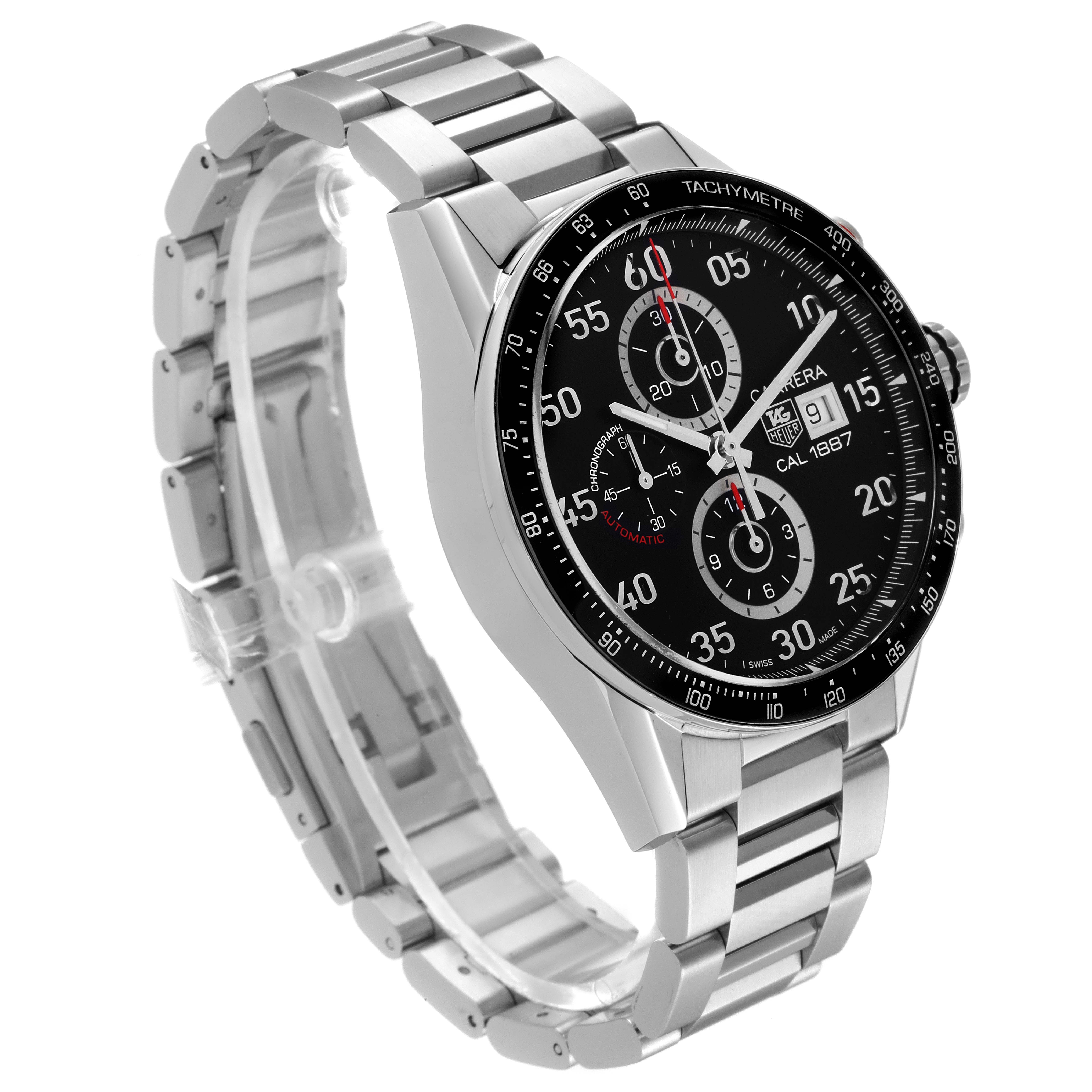 The image shows a side angle view of a Tag Heuer Carrera CAR2A10.BA0799 Men
s Stainless Steel Black Dial CAR2A10.BA0799 Men
s Stainless Steel Black Dial watch with its bracelet and face visible.