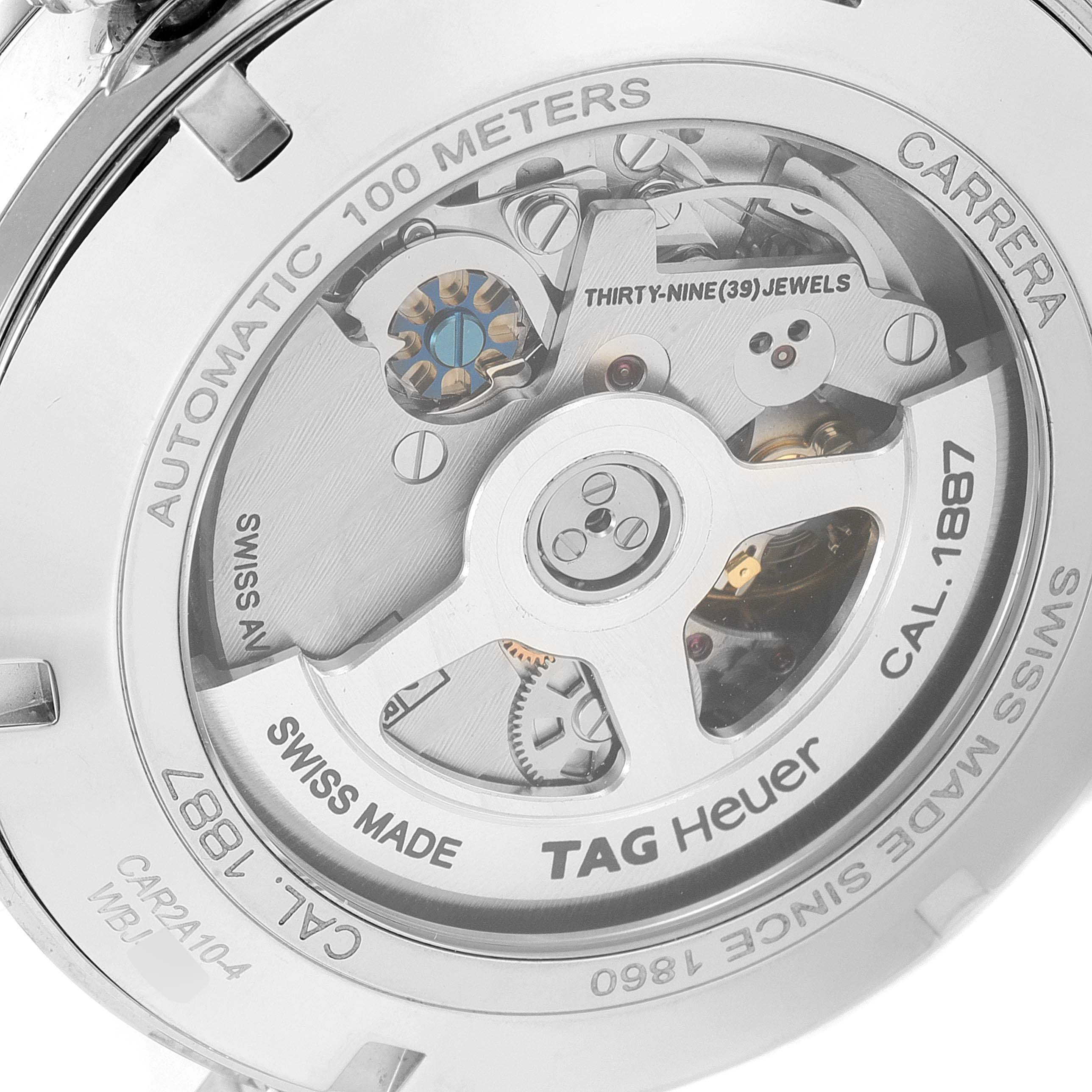 The image shows the back view of a Tag Heuer Carrera CAR2A10.BA0799 Men
s Stainless Steel Black Dial CAR2A10.BA0799 Men
s Stainless Steel Black Dial watch, highlighting the automatic movement and internal mechanism.