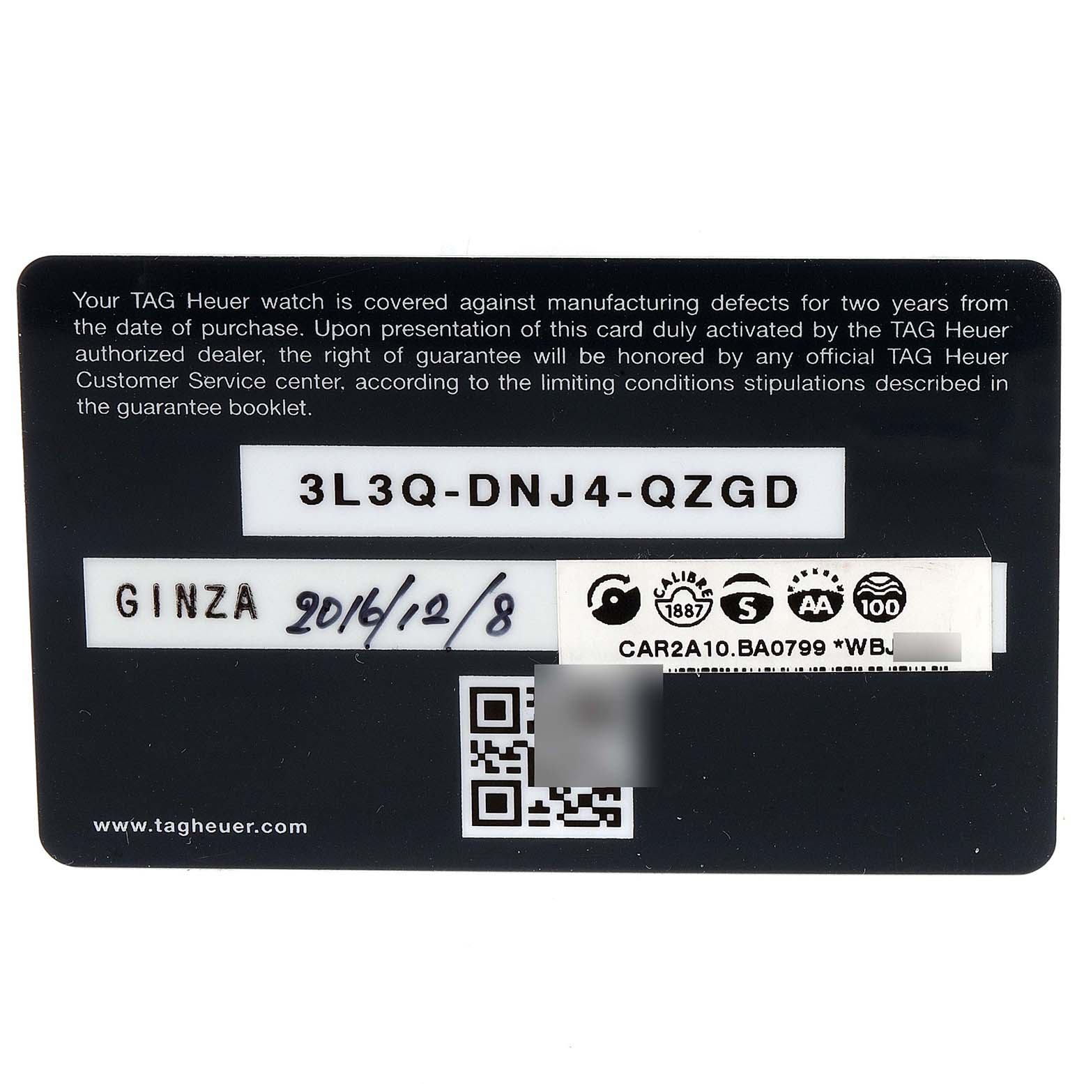 This is a warranty card for a Tag Heuer Carrera CAR2A10.BA0799 Men
s Stainless Steel Black Dial CAR2A10.BA0799 Men
s Stainless Steel Black Dial model, showing serial numbers and purchase date.