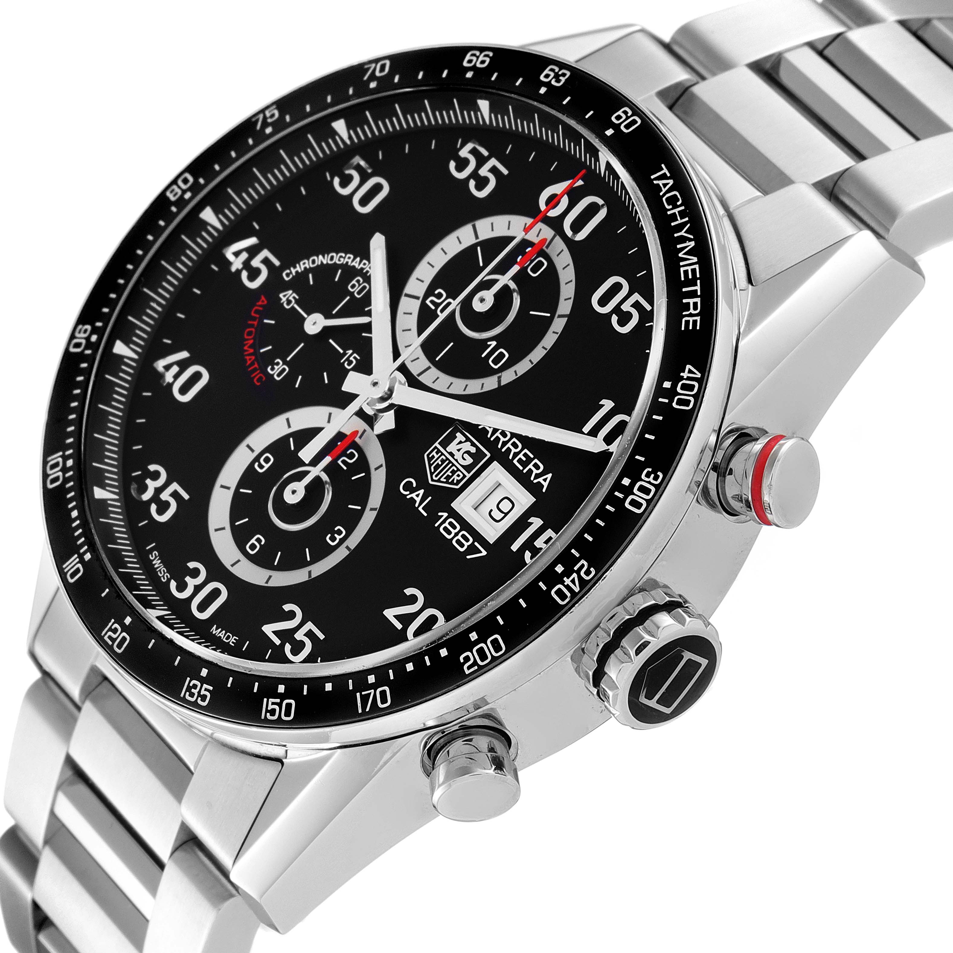 This image shows a side angle view of the Tag Heuer Carrera CAR2A10.BA0799 Men
s Stainless Steel Black Dial CAR2A10.BA0799 Men
s Stainless Steel Black Dial watch, displaying the dial, bezel, crown, and pushers.