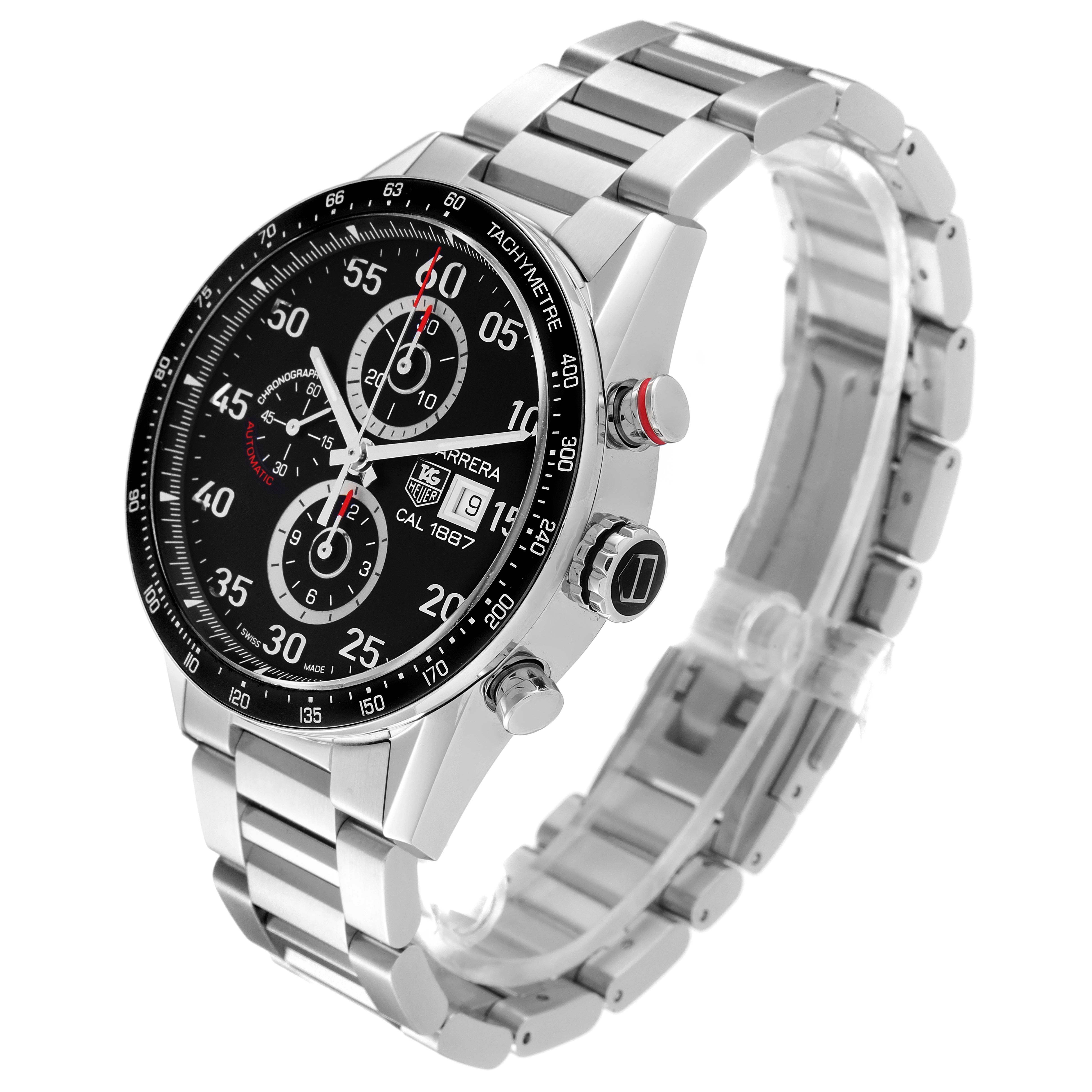 The Tag Heuer Carrera CAR2A10.BA0799 Men
s Stainless Steel Black Dial CAR2A10.BA0799 Men
s Stainless Steel Black Dial watch is shown at a slight angle, displaying its dial, bezel, pushers, and bracelet.