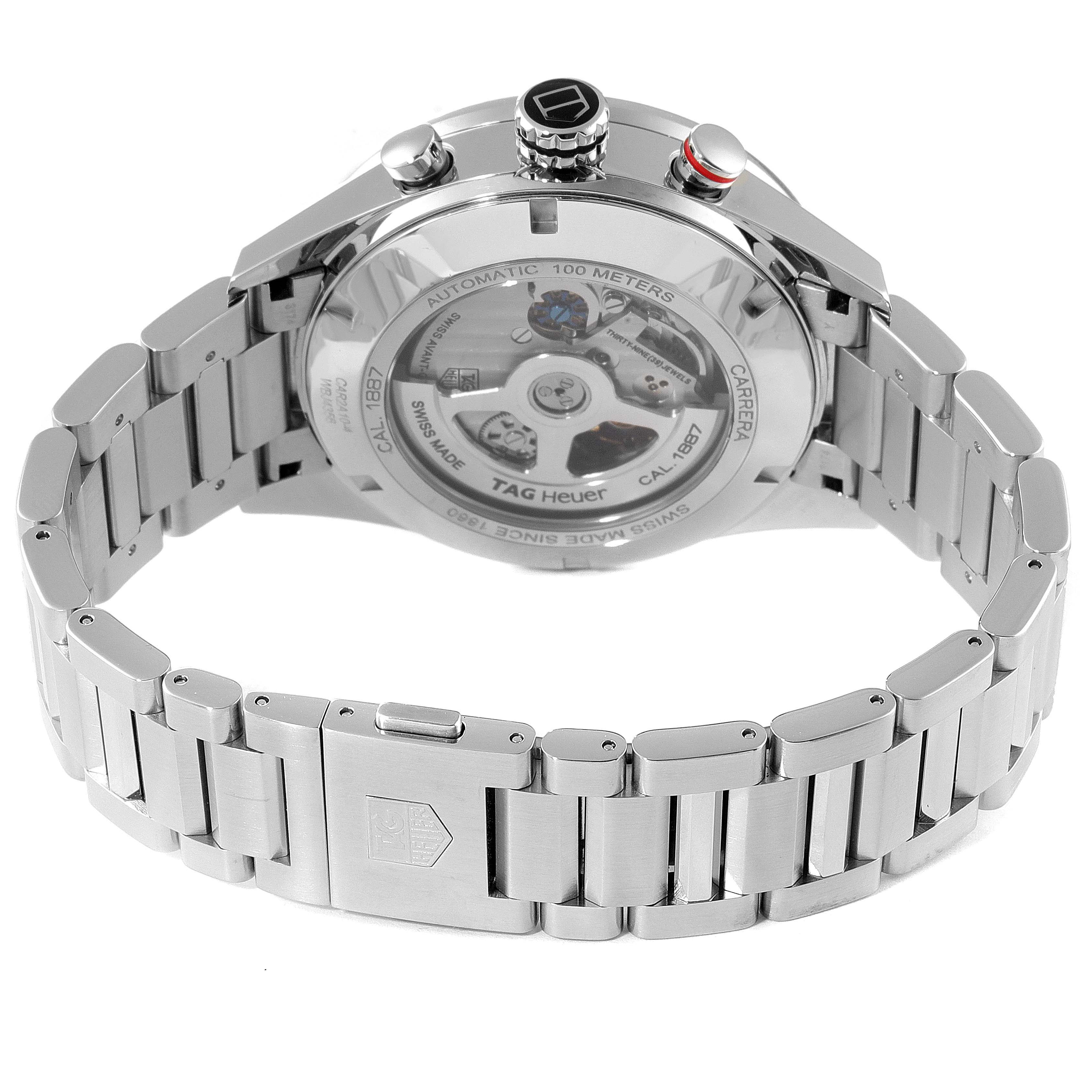 The image shows the back and bracelet of a Tag Heuer Carrera CAR2A10.BA0799 Men
s Stainless Steel Black Dial CAR2A10.BA0799 Men
s Stainless Steel Black Dial watch, highlighting the automatic movement and clasp.