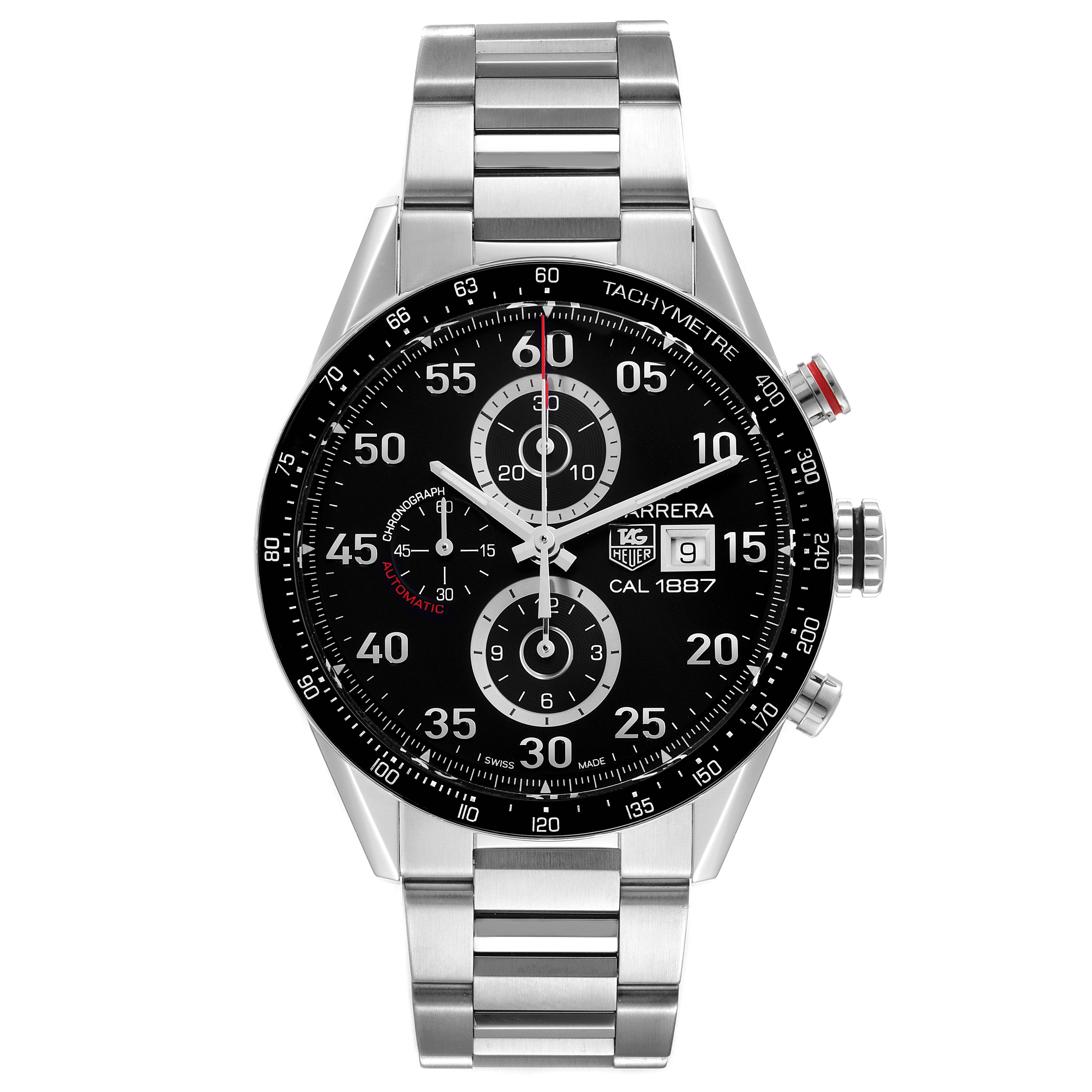 The image shows a front angle of the Tag Heuer Carrera CAR2A10.BA0799 Men
s Stainless Steel Black Dial CAR2A10.BA0799 Men
s Stainless Steel Black Dial watch, highlighting its dial, chronograph, and stainless steel bracelet.