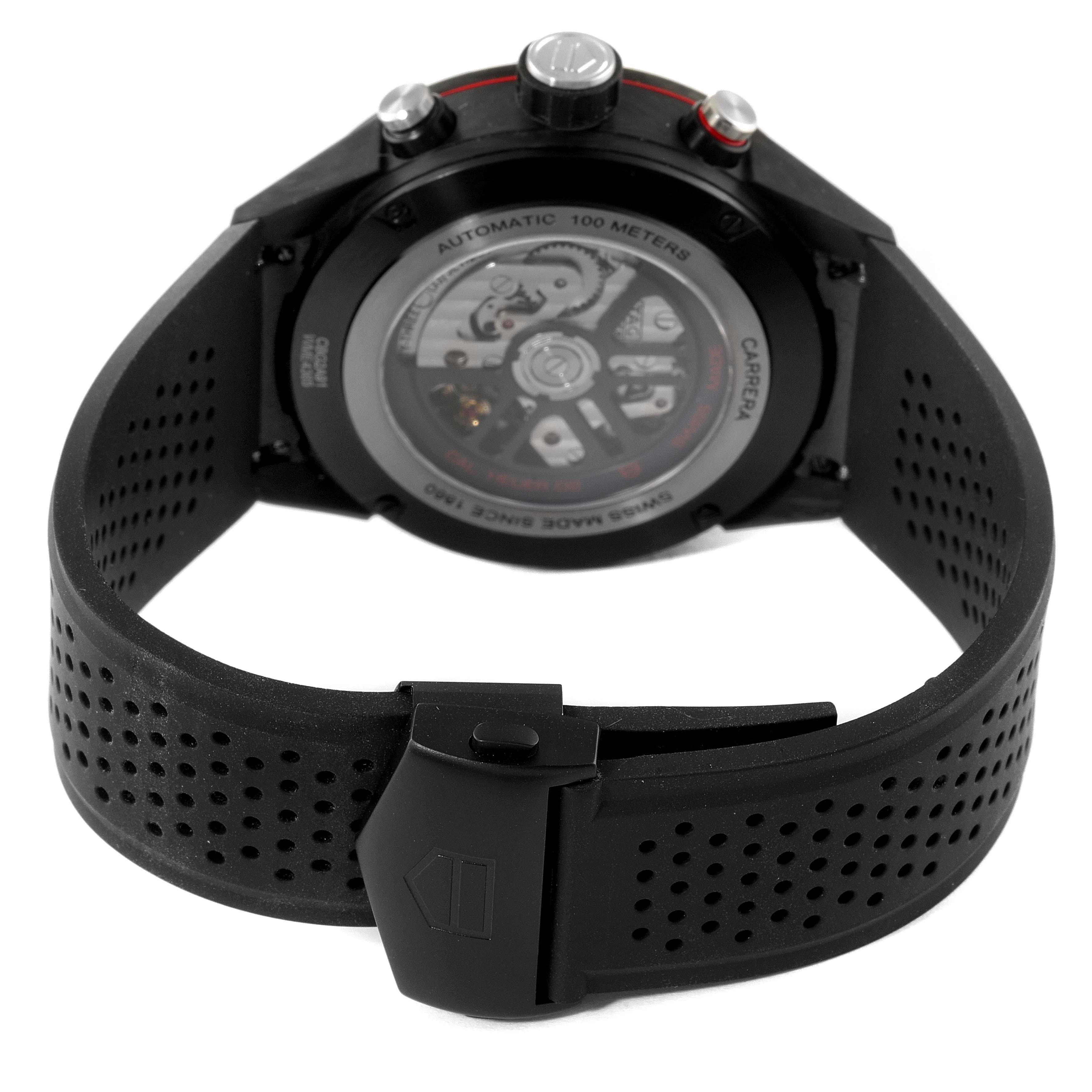 This image shows the back view of a Tag Heuer Carrera CBG2A91.FT6173 Men
s Stainless Steel Black Dial CBG2A91.FT6173 Men
s Stainless Steel Black Dial watch, highlighting the automatic movement and the rubber strap.