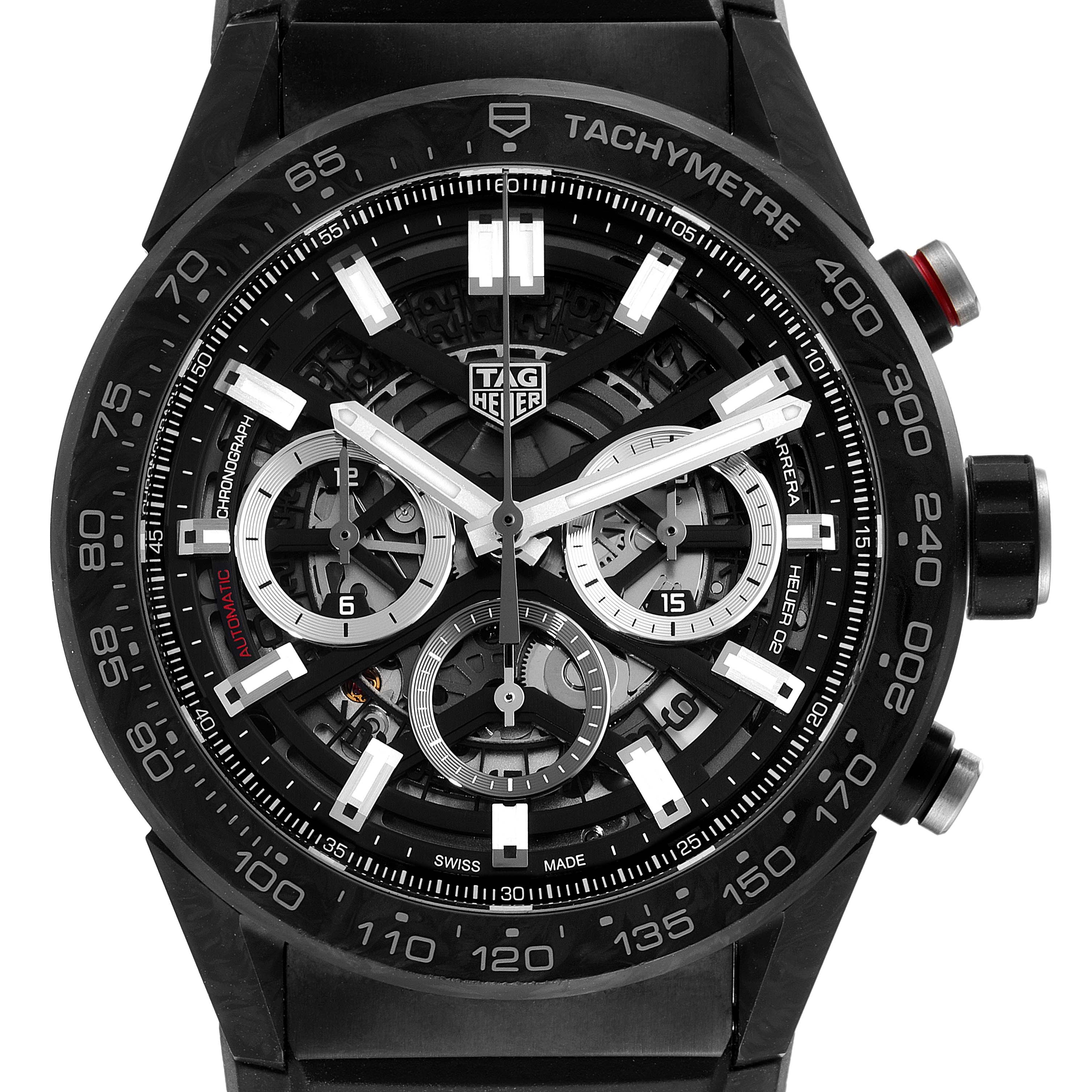 The Tag Heuer Carrera CBG2A91.FT6173 Men
s Stainless Steel Black Dial CBG2A91.FT6173 Men
s Stainless Steel Black Dial watch is shown from a front angle, displaying the dial, tachymeter bezel, subdials, and chronograph pushers.