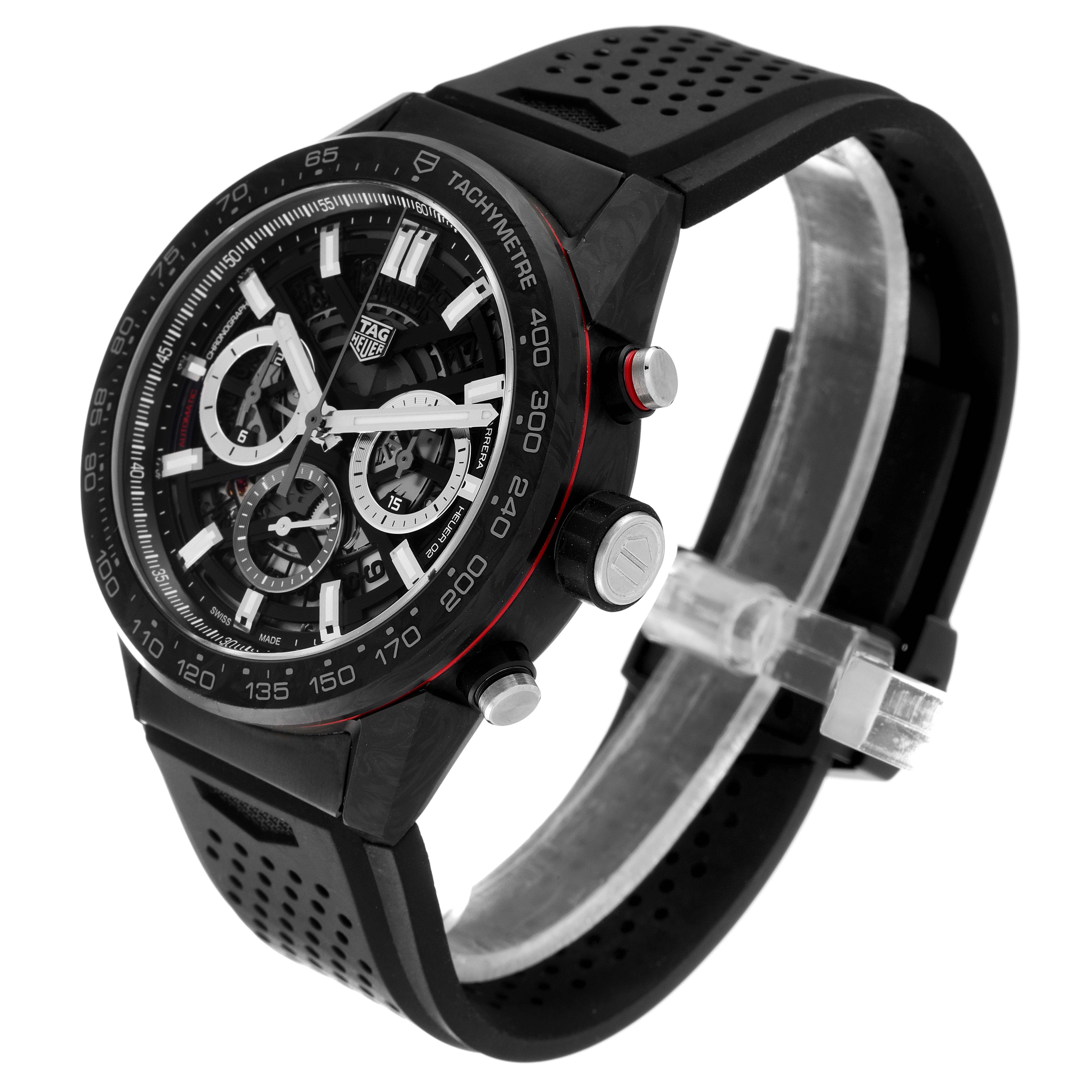 The image shows the front and side angles of a Tag Heuer Carrera CBG2A91.FT6173 Men
s Stainless Steel Black Dial CBG2A91.FT6173 Men
s Stainless Steel Black Dial watch, highlighting its black strap and tachymeter bezel.