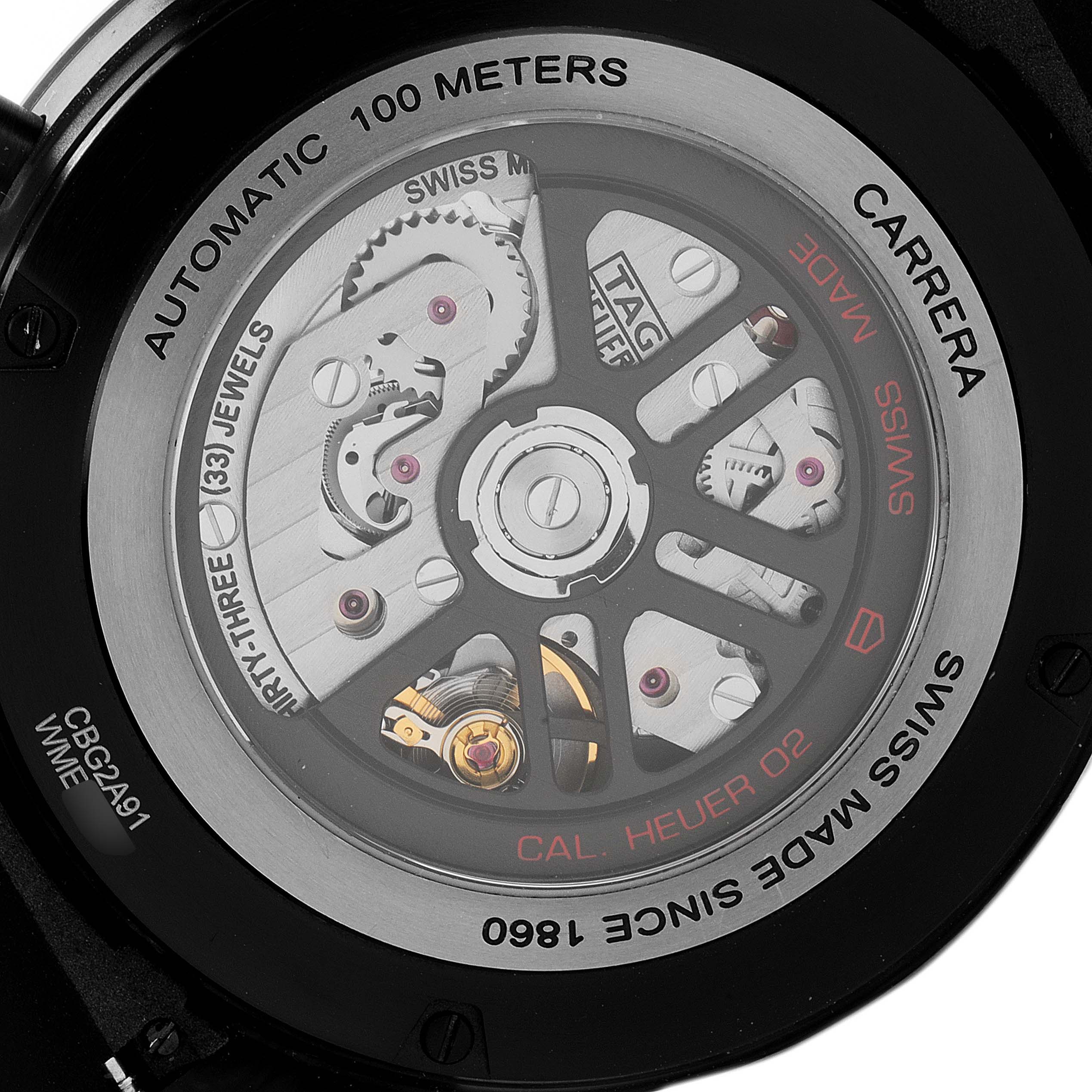 The image shows the back of a Tag Heuer Carrera CBG2A91.FT6173 Men
s Stainless Steel Black Dial CBG2A91.FT6173 Men
s Stainless Steel Black Dial watch, highlighting its automatic movement and internal mechanisms.
