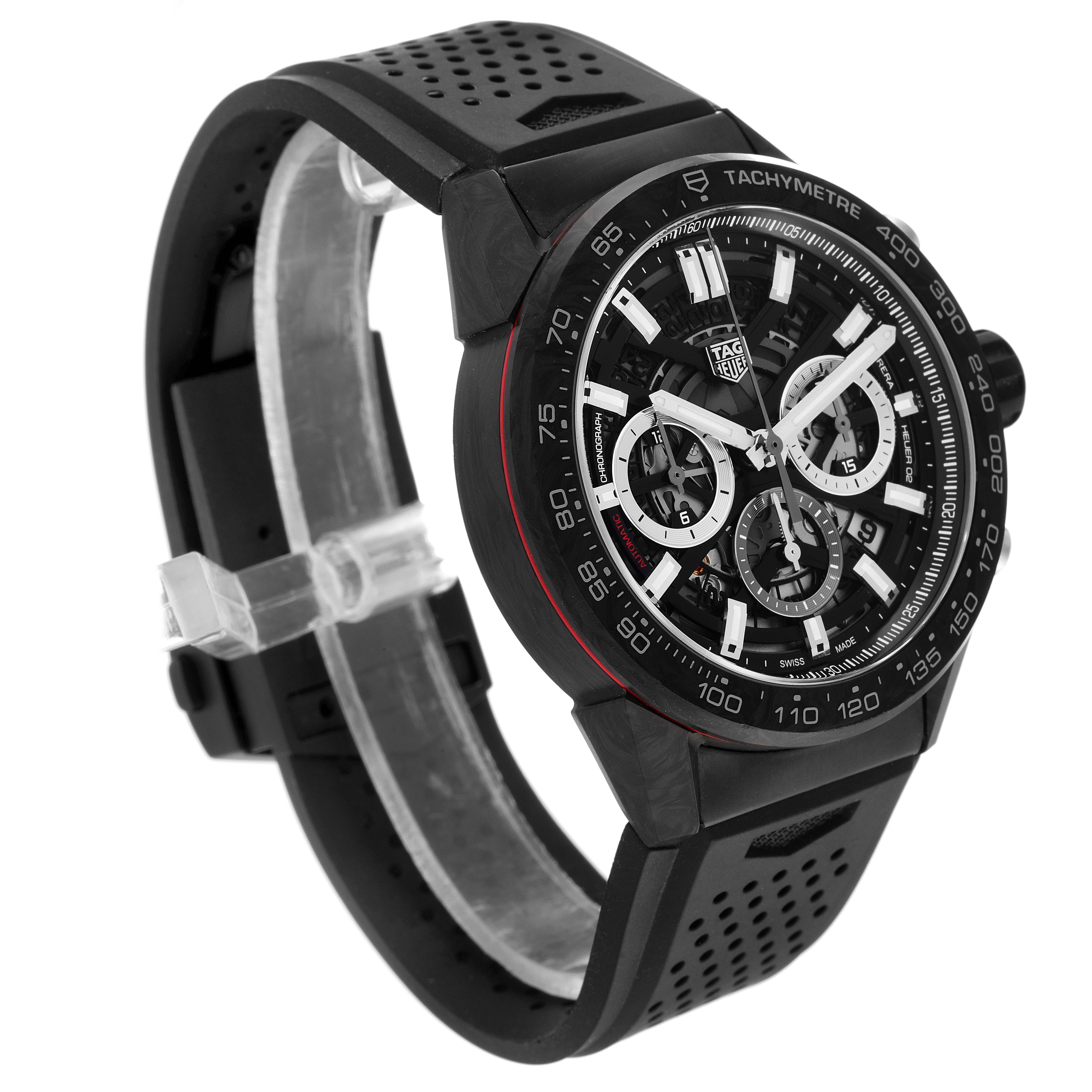 The Tag Heuer Carrera CBG2A91.FT6173 Men
s Stainless Steel Black Dial CBG2A91.FT6173 Men
s Stainless Steel Black Dial watch is shown from a slight right-angle view, highlighting its dial, bezel, and perforated black strap.