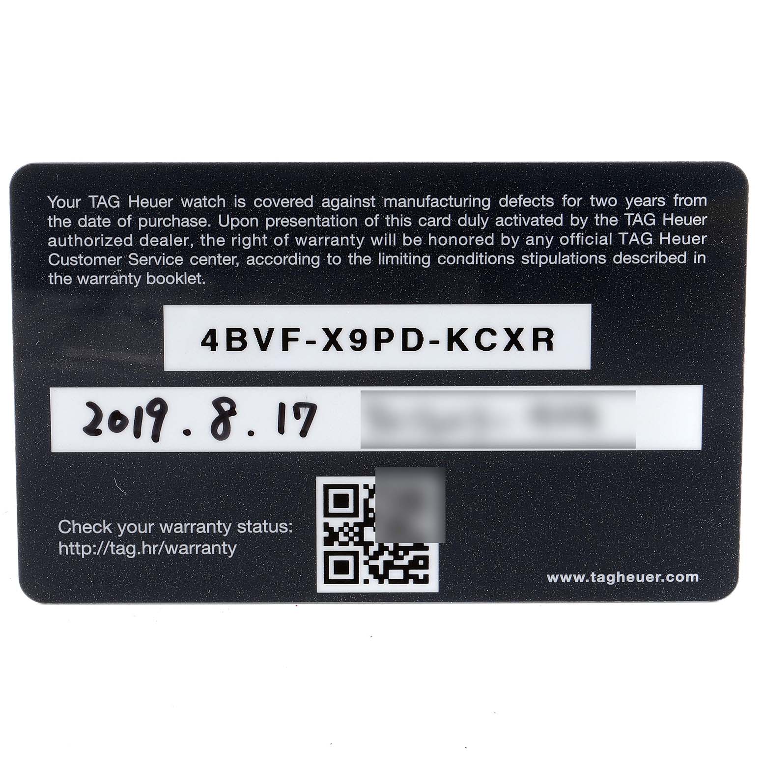 The image shows a Tag Heuer Carrera CBG2A91.FT6173 Men
s Stainless Steel Black Dial CBG2A91.FT6173 Men
s Stainless Steel Black Dial model warranty card with the date of purchase and a QR code.