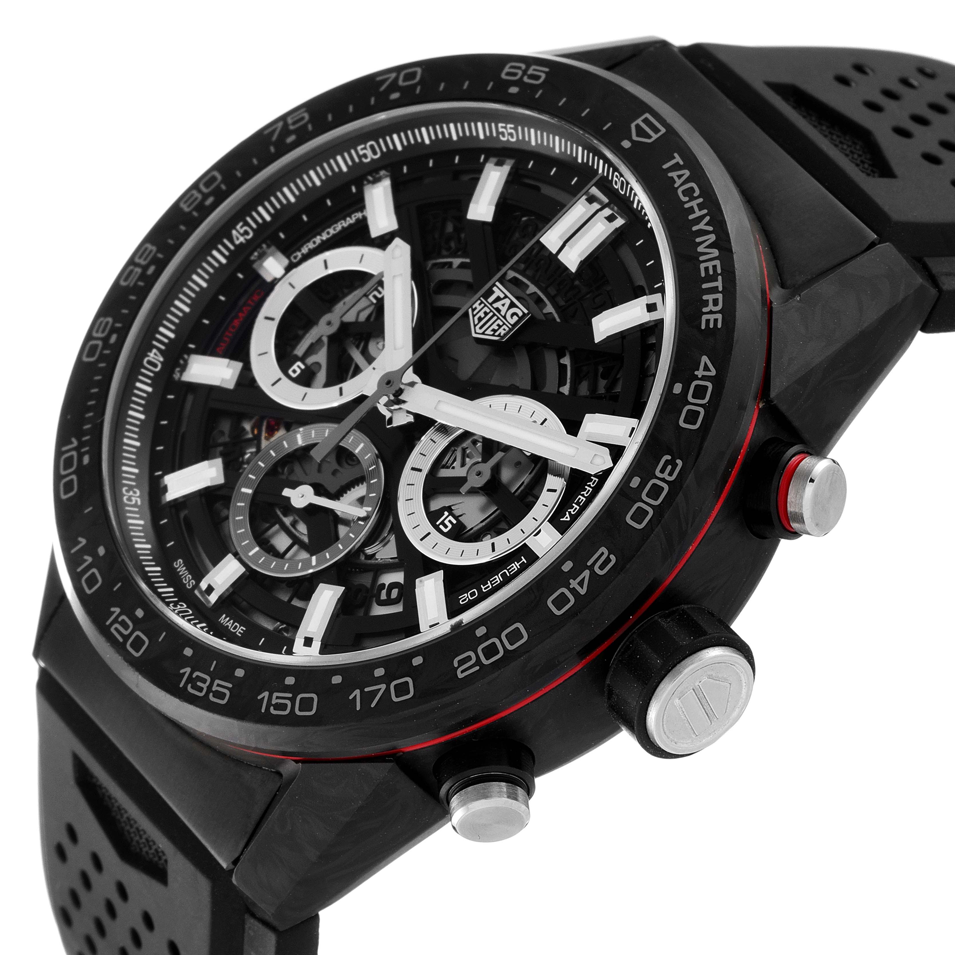 The image shows a Tag Heuer Carrera CBG2A91.FT6173 Men
s Stainless Steel Black Dial CBG2A91.FT6173 Men
s Stainless Steel Black Dial watch, angled to display the face, chronograph dials, tachymeter scale, and side buttons.