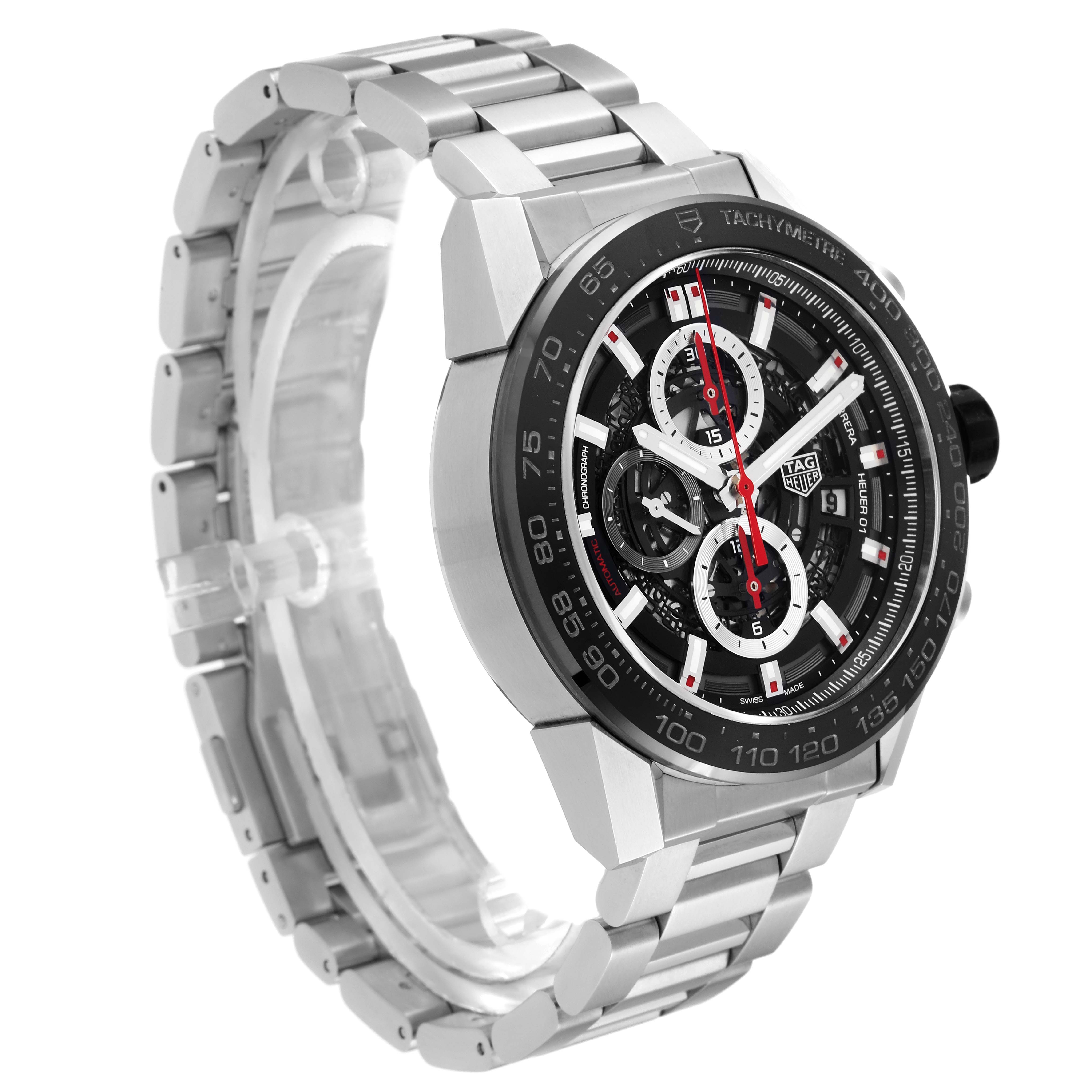 The image shows a Tag Heuer Carrera CAR2A1W.BA0703 Men's Stainless Steel Transparent Dial CAR2A1W.BA0703 Men's Stainless Steel Transparent Dial watch from an oblique angle, highlighting its bracelet, dial, and tachymeter bezel.