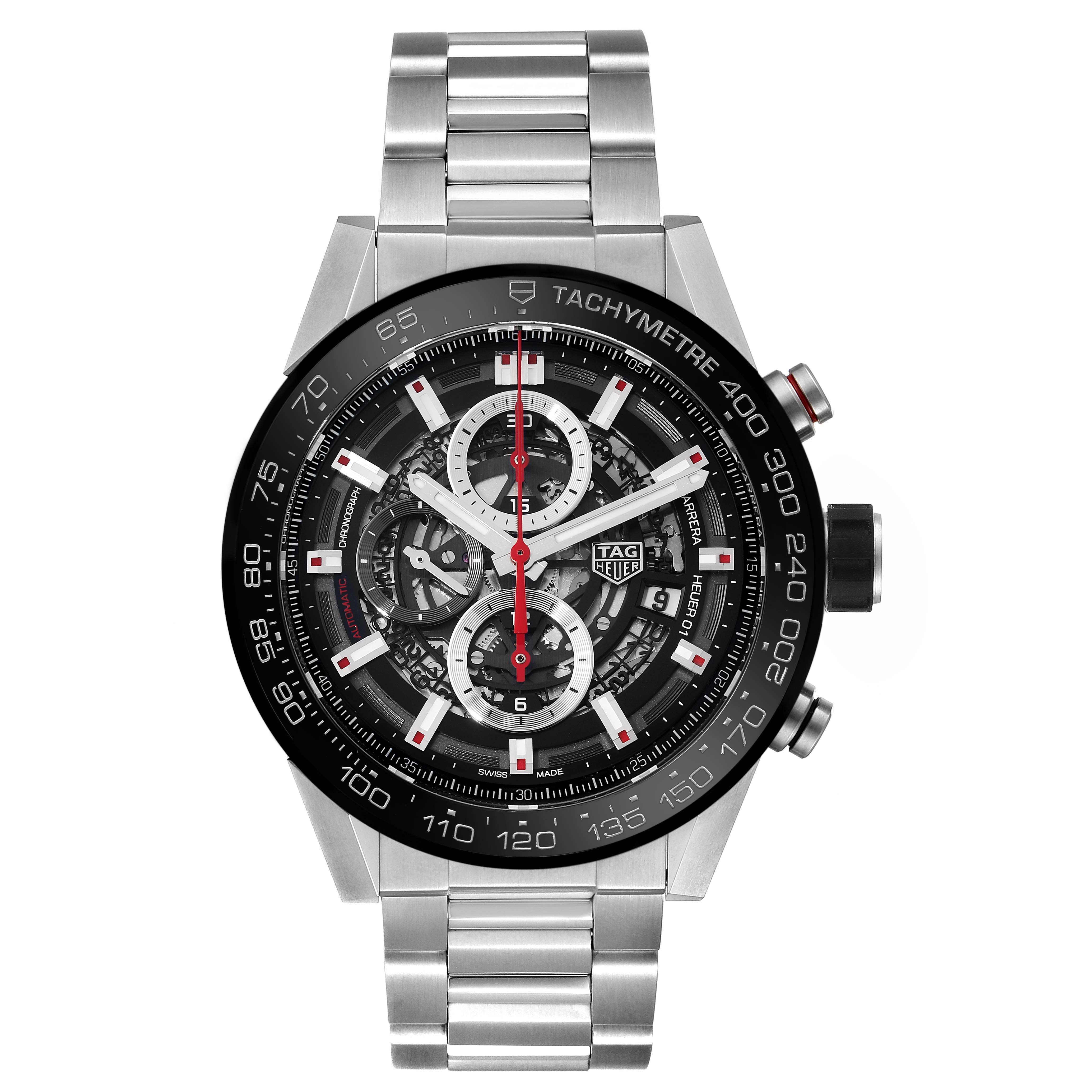 The image shows a front view of the Tag Heuer Carrera CAR2A1W.BA0703 Men's Stainless Steel Transparent Dial CAR2A1W.BA0703 Men's Stainless Steel Transparent Dial watch, highlighting its stainless steel bracelet and skeleton dial.