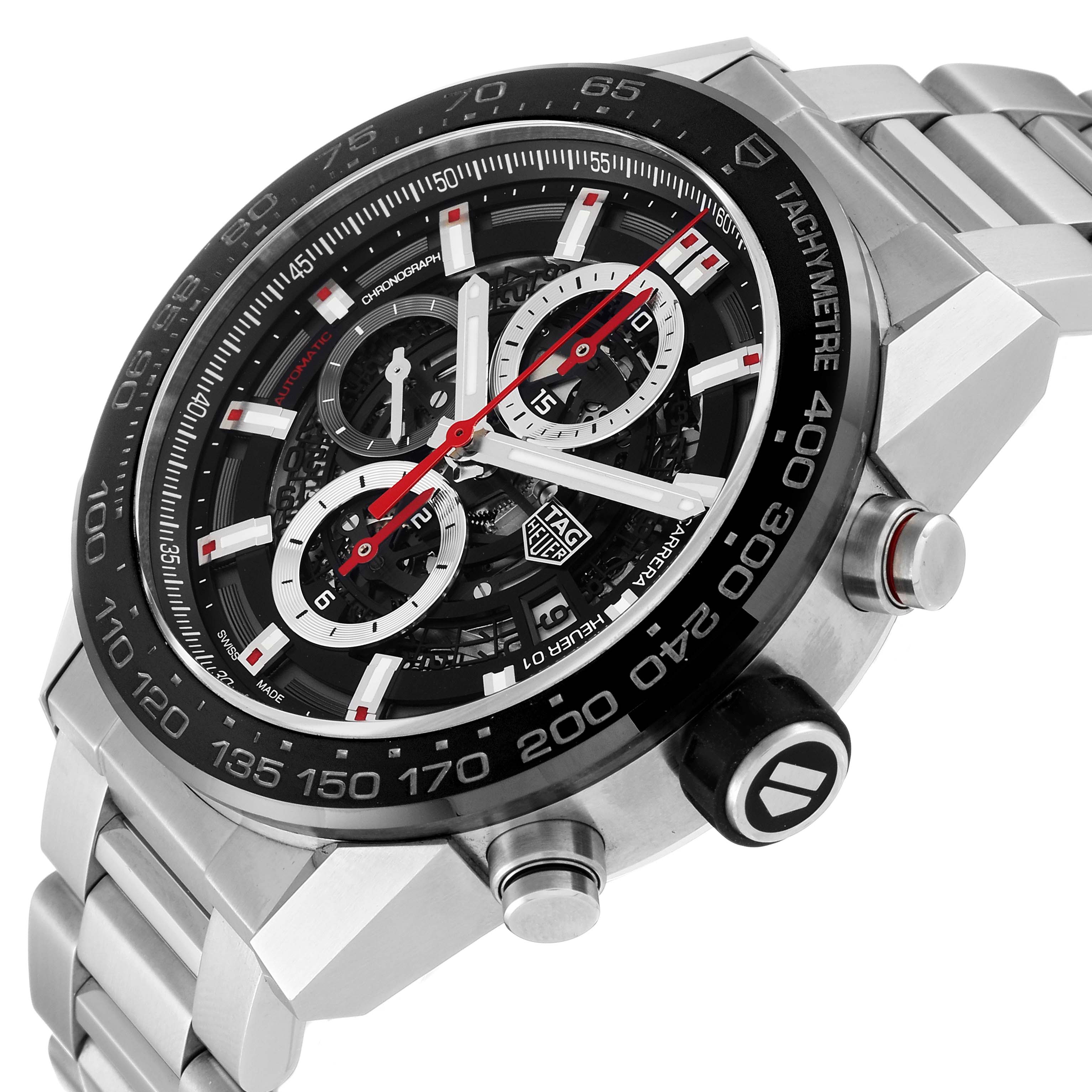 The image shows a close-up of the dial, bezel, and bracelet of a Tag Heuer Carrera CAR2A1W.BA0703 Men's Stainless Steel Transparent Dial CAR2A1W.BA0703 Men's Stainless Steel Transparent Dial watch, viewed from an angled perspective.