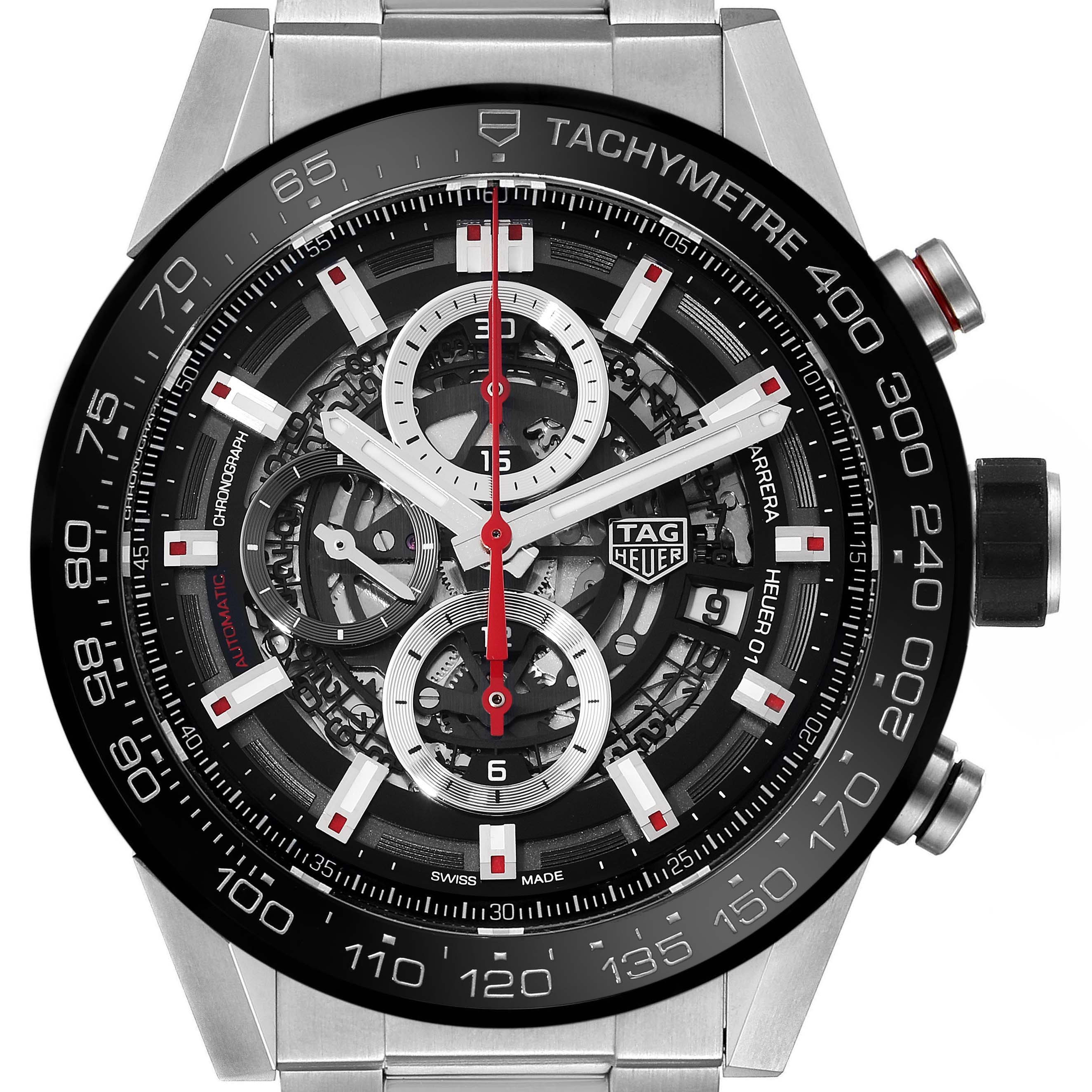The image shows a Tag Heuer Carrera CAR2A1W.BA0703 Men's Stainless Steel Transparent Dial CAR2A1W.BA0703 Men's Stainless Steel Transparent Dial watch from a straight-on angle, highlighting its tachymeter bezel, chronograph subdials, and skeleton dial.
