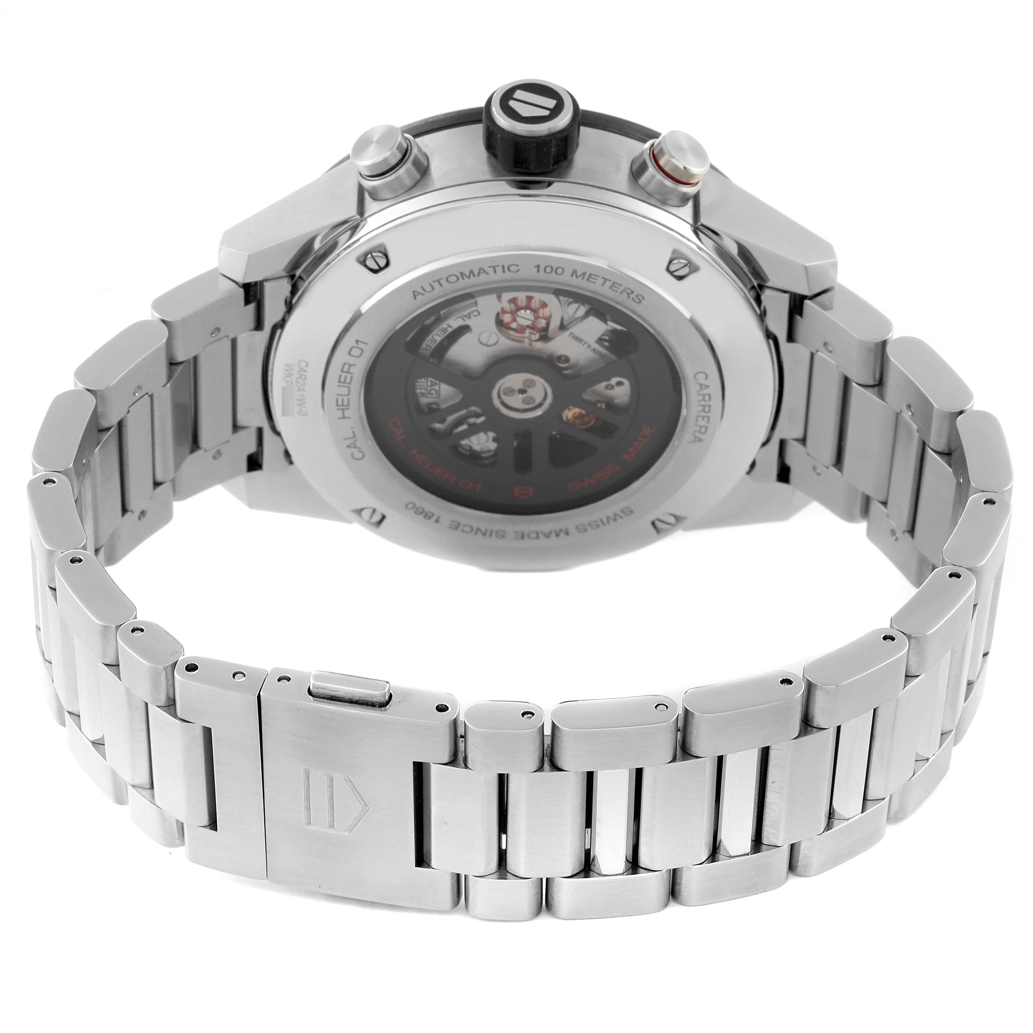 The image shows the back and bracelet of a Tag Heuer Carrera CAR2A1W.BA0703 Men's Stainless Steel Transparent Dial CAR2A1W.BA0703 Men's Stainless Steel Transparent Dial model watch, highlighting its automatic movement and metal strap.