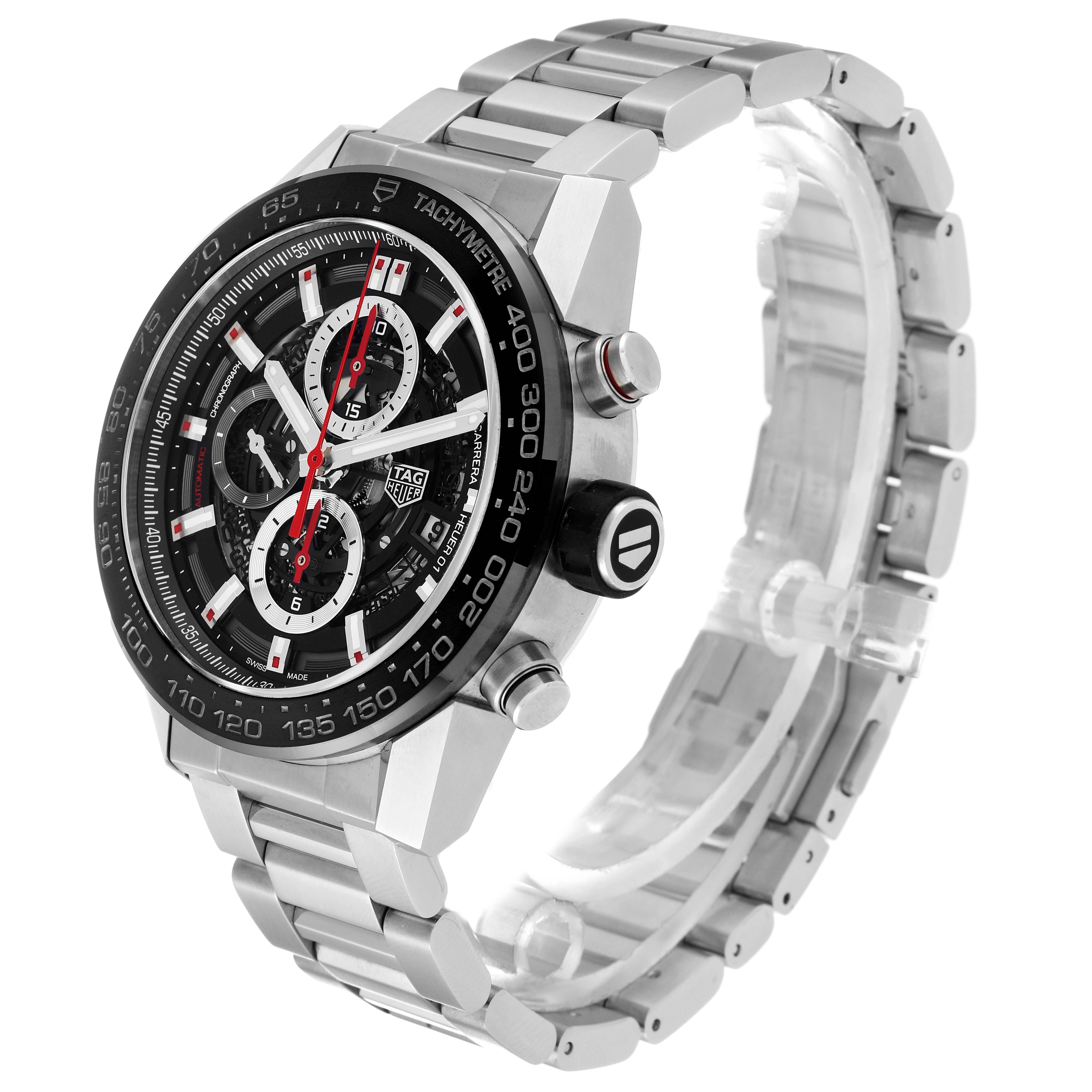 The Tag Heuer Carrera CAR2A1W.BA0703 Men's Stainless Steel Transparent Dial CAR2A1W.BA0703 Men's Stainless Steel Transparent Dial watch is shown at a three-quarter angle, highlighting its face, bezel, and metal strap.
