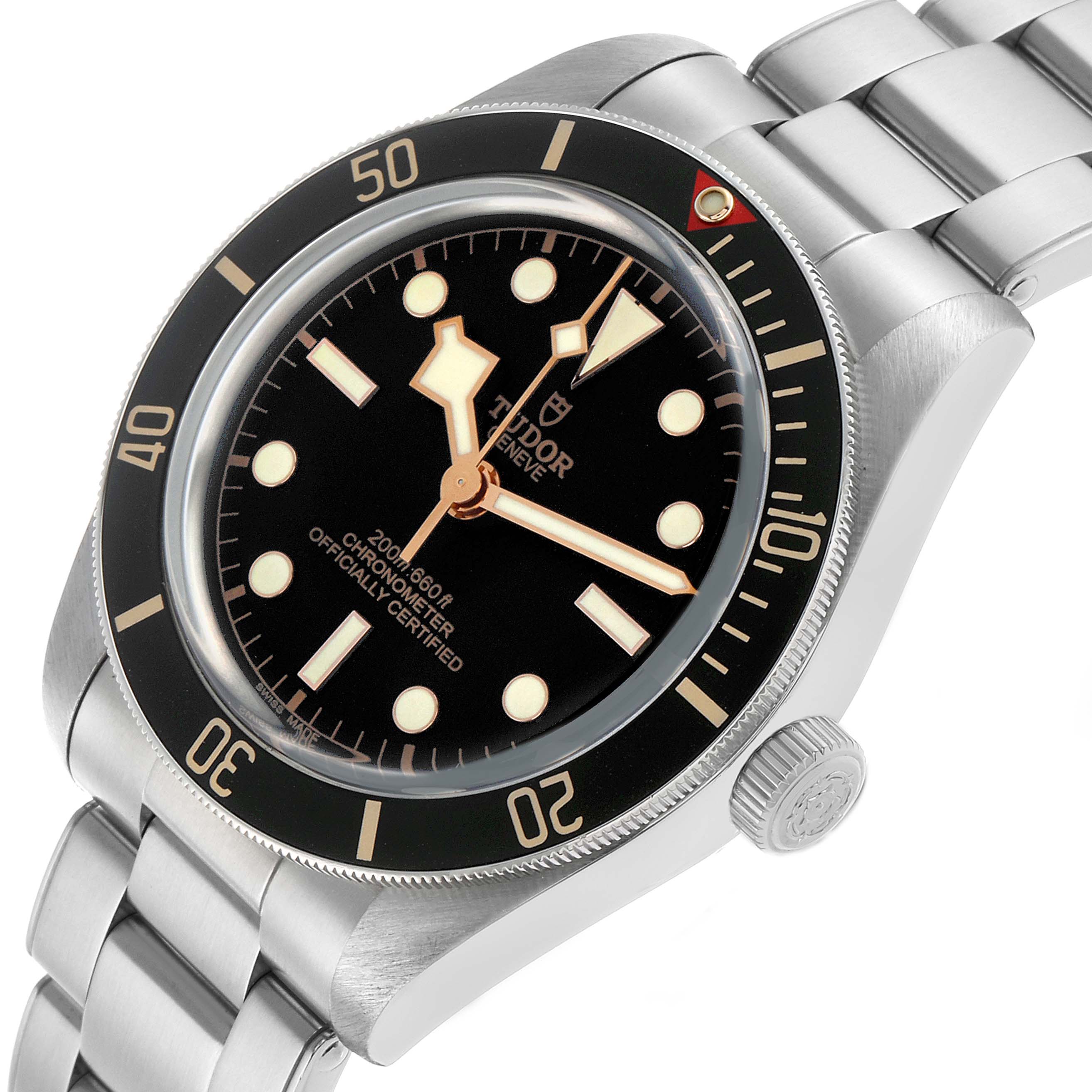 The Tudor Heritage Black Bay M79030N-0001 Men's Stainless Steel Black Dial watch is shown at a slight angle, highlighting the case, bezel, crown, and bracelet.