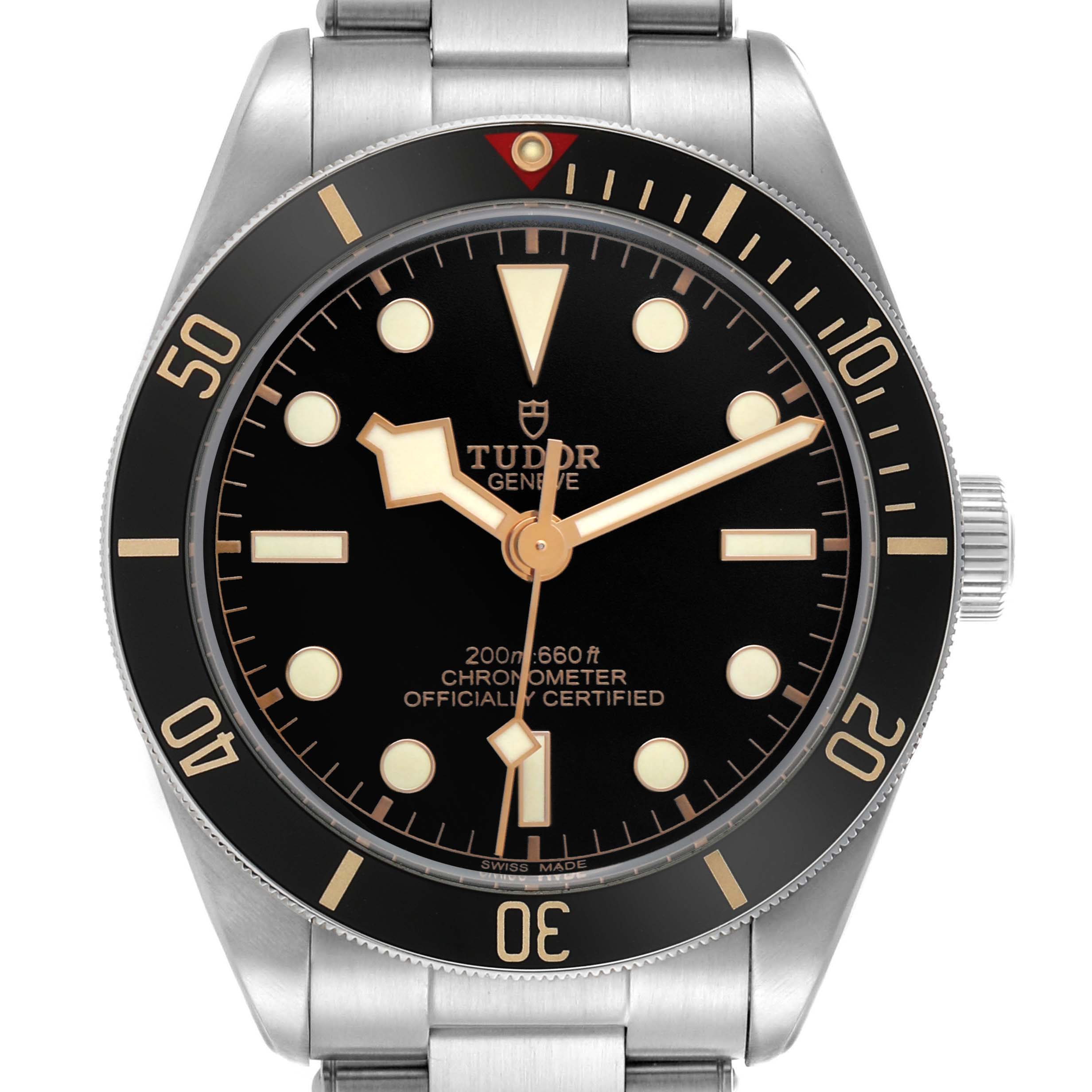 The Tudor Heritage Black Bay M79030N-0001 Men's Stainless Steel Black Dial watch is shown from the front, displaying its dial, bezel, crown, and part of the bracelet.