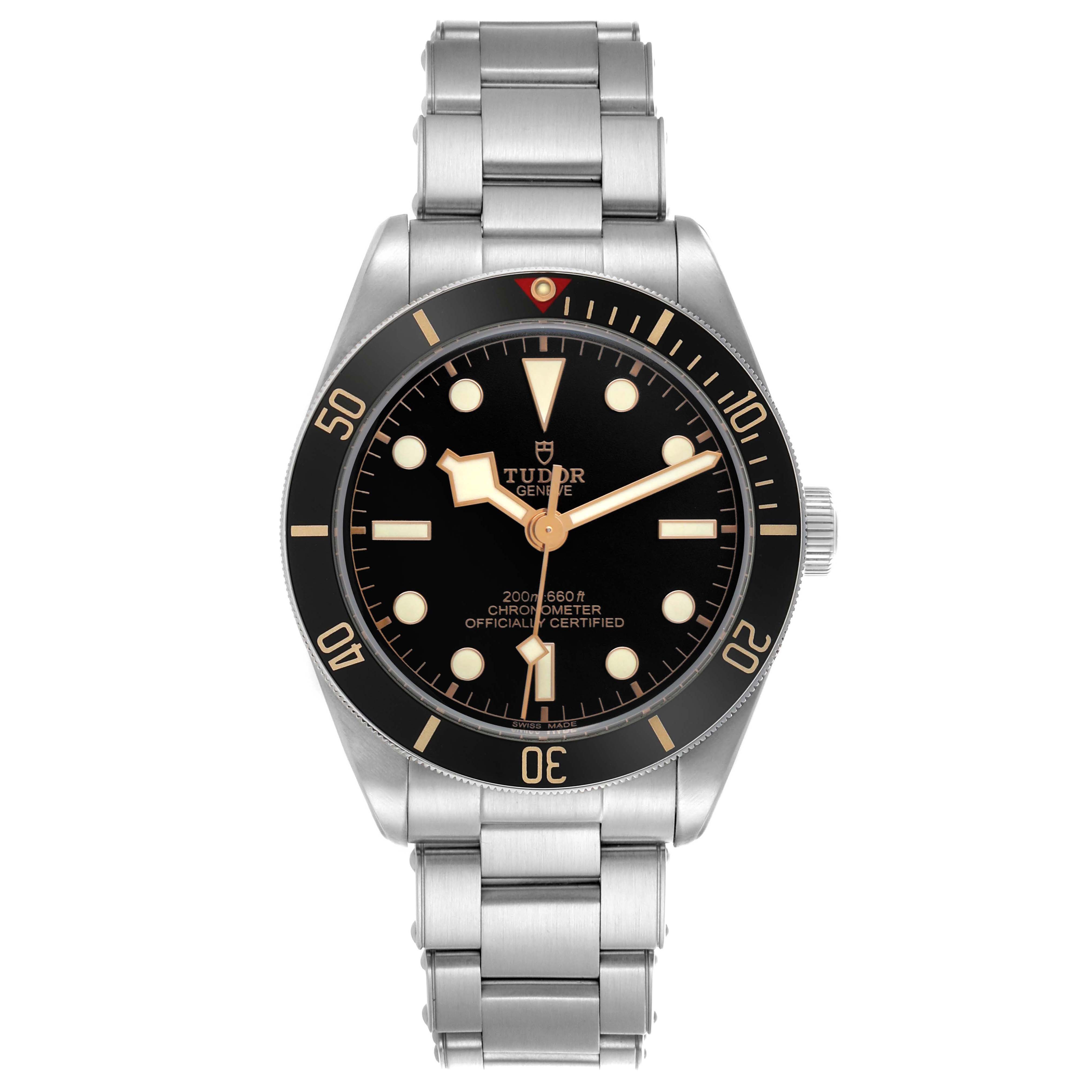 The Tudor Heritage Black Bay M79030N-0001 Men's Stainless Steel Black Dial watch is shown from the front, highlighting the dial, bezel, and stainless steel bracelet.