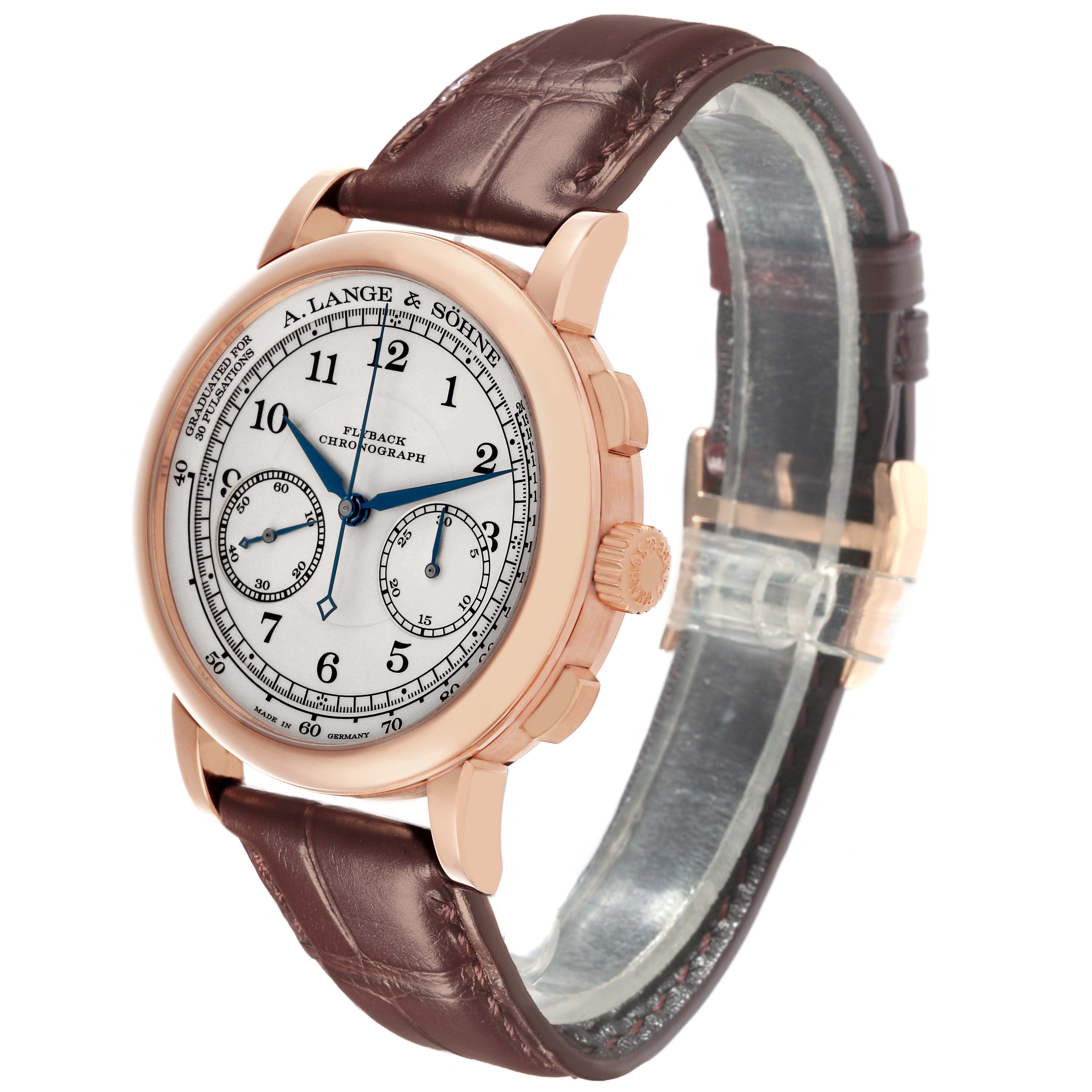 The A. Lange & Sohne 1815 414.032 Men's Rose Gold Silver Dial watch is shown at a three-quarter angle, highlighting the face, crown, pushers, and leather strap.