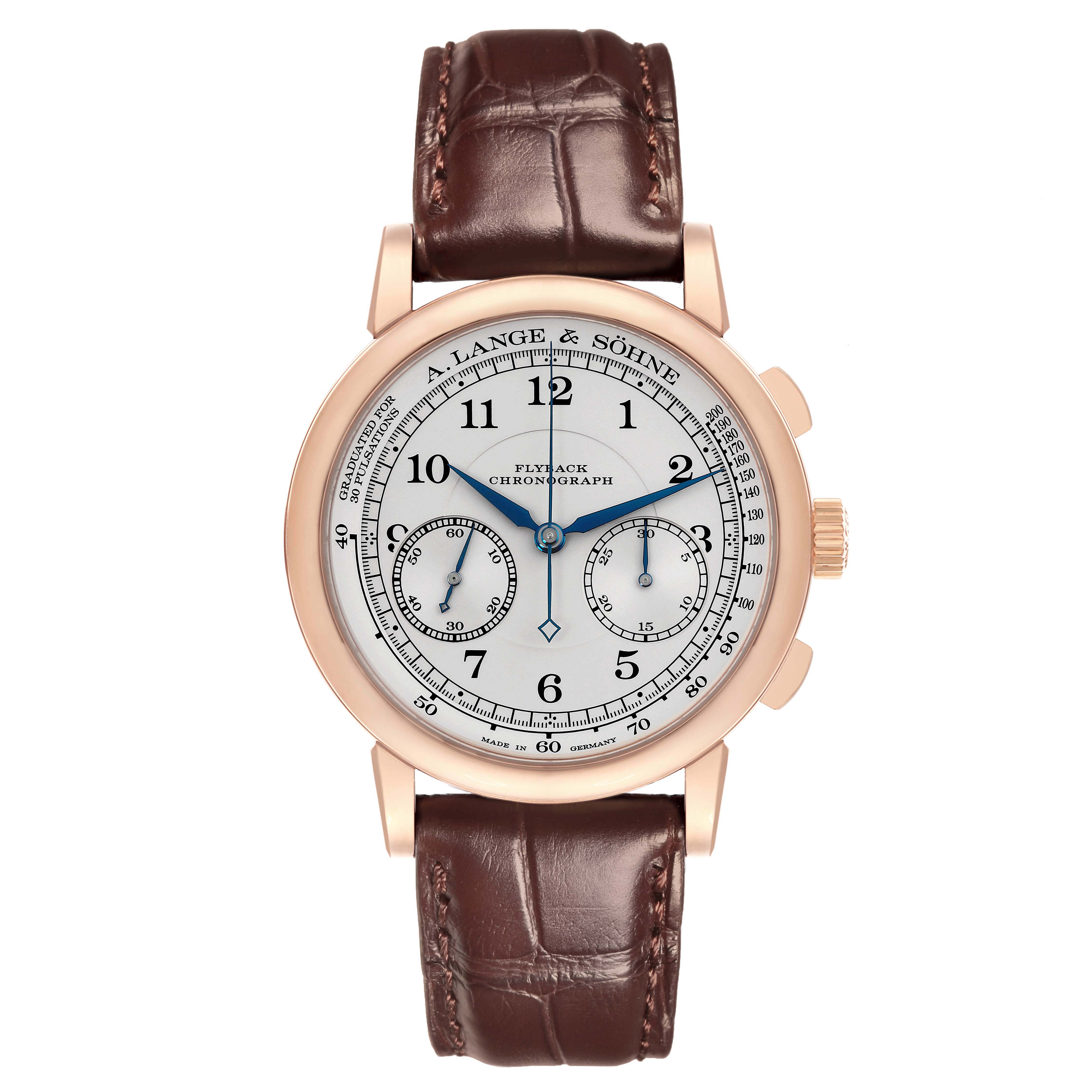 The A. Lange & Sohne 1815 414.032 Men's Rose Gold Silver Dial model watch is shown from a front view, featuring the dial, case, crown, and leather strap.