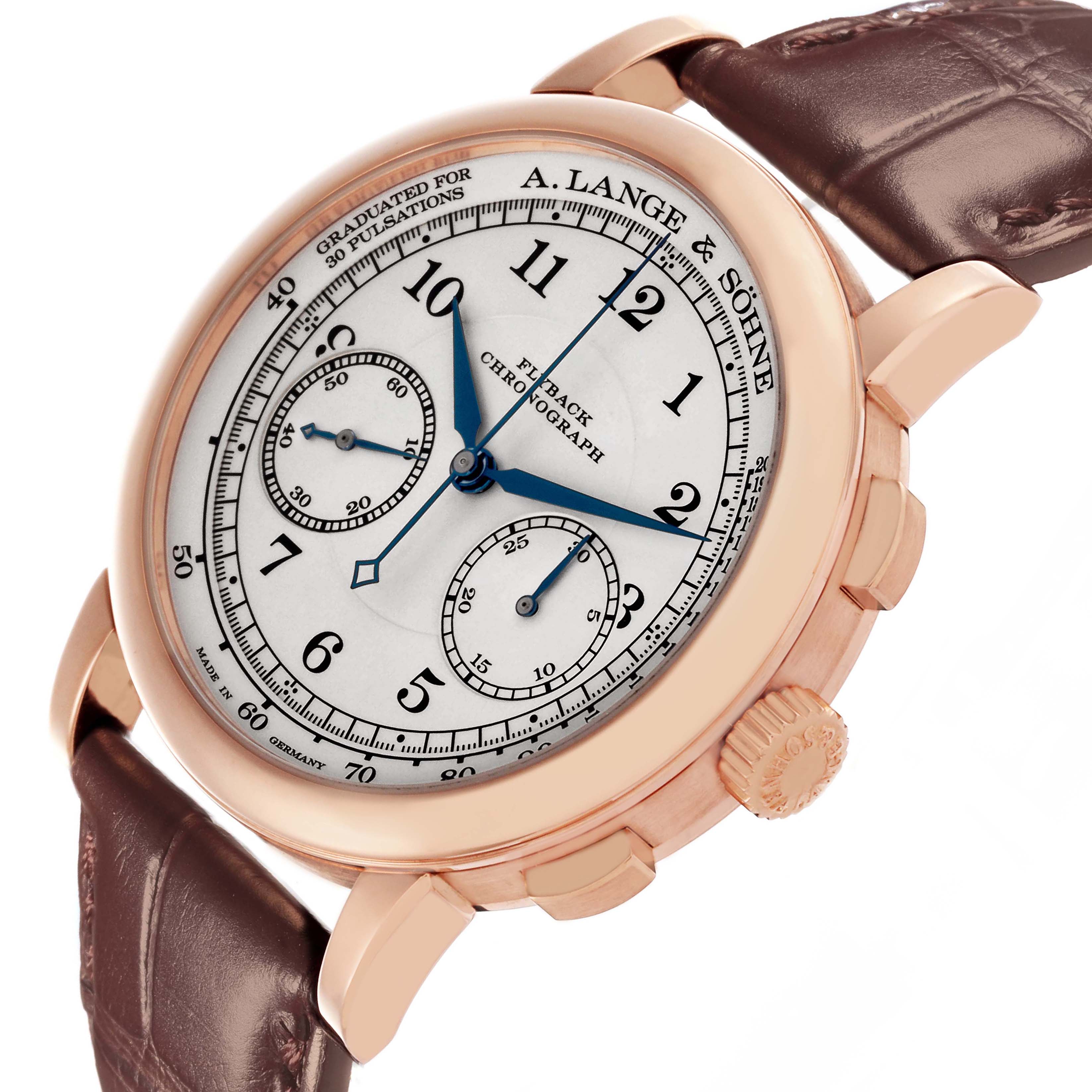 The A. Lange & Sohne 1815 414.032 Men's Rose Gold Silver Dial watch is shown at an angled view, highlighting the dial, crown, pushers, and part of the strap.