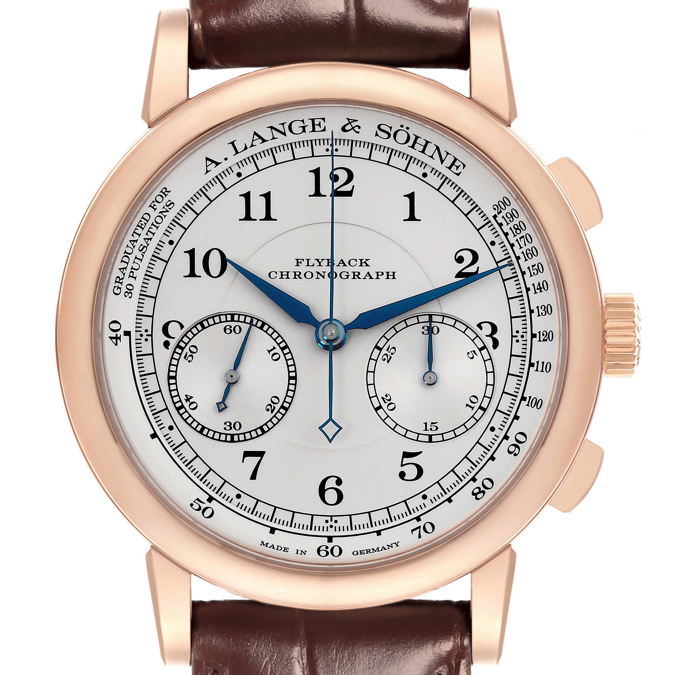 The A. Lange & Sohne 1815 414.032 Men's Rose Gold Silver Dial watch is shown from the front, displaying its dial, case, pushers, and leather strap.