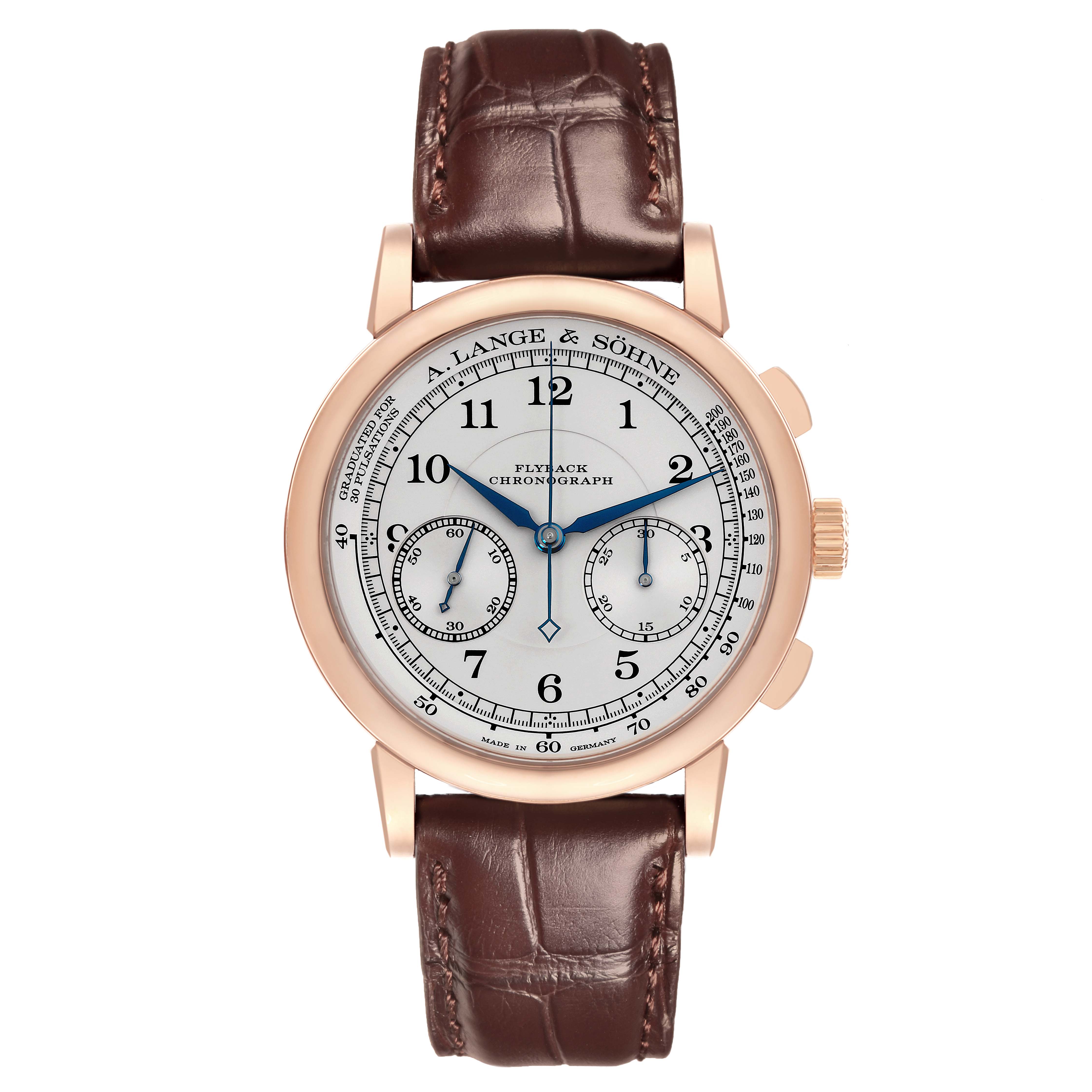 The image shows a frontal view of the A. Lange 
Sohne 1815 414.032 Men
s Rose Gold Silver Dial watch, displaying the dial and leather strap.