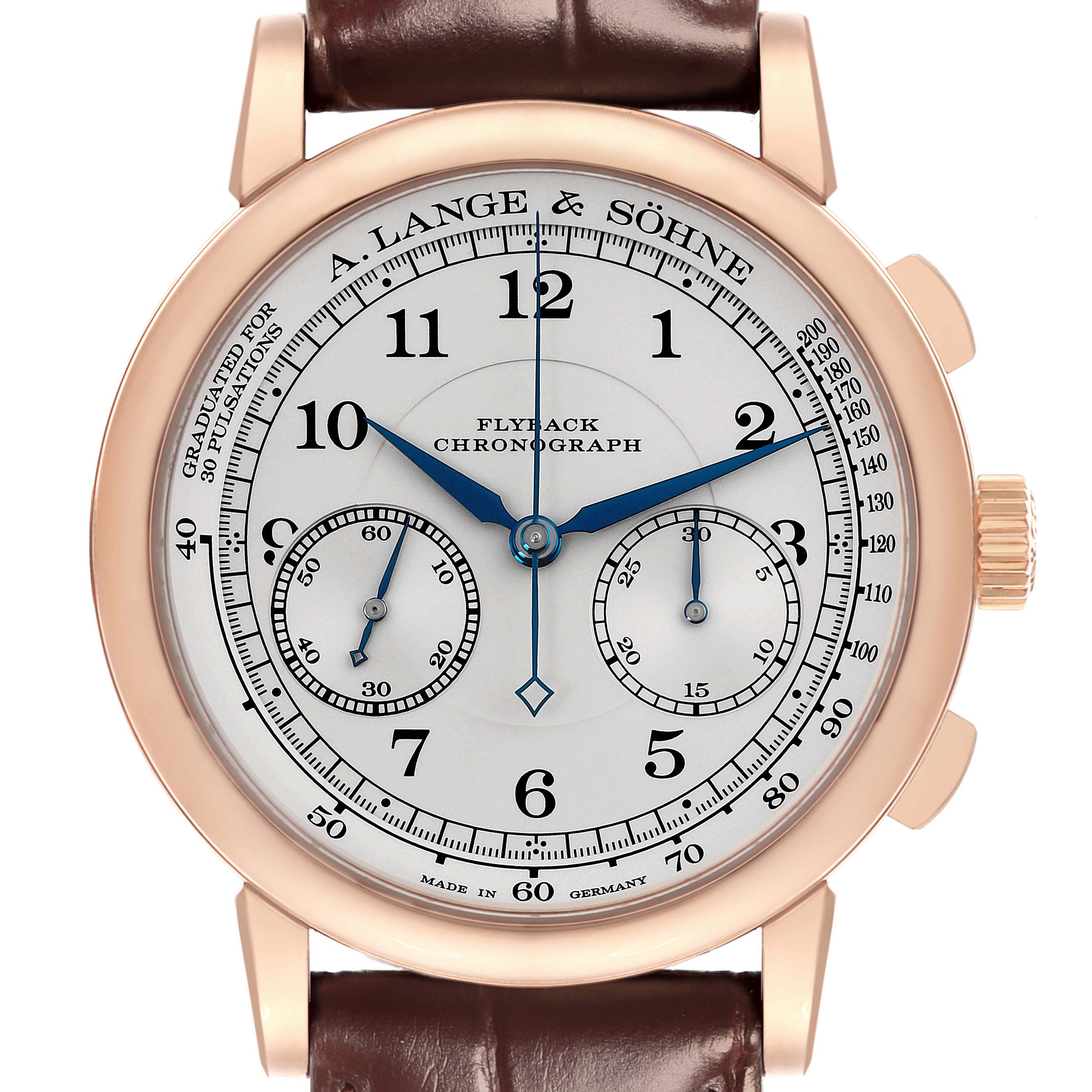 The image shows the A. Lange 
Sohne 1815 414.032 Men
s Rose Gold Silver Dial watch from a front angle, highlighting the dial, chronograph subdials, and crown.