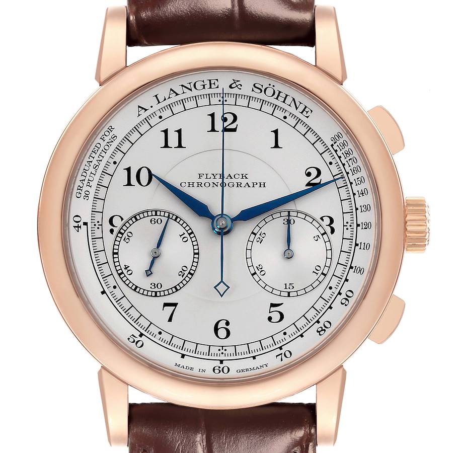 The image shows the A. Lange & Söhne 1815 watch from a front angle, highlighting the dial, chronograph subdials, and crown.